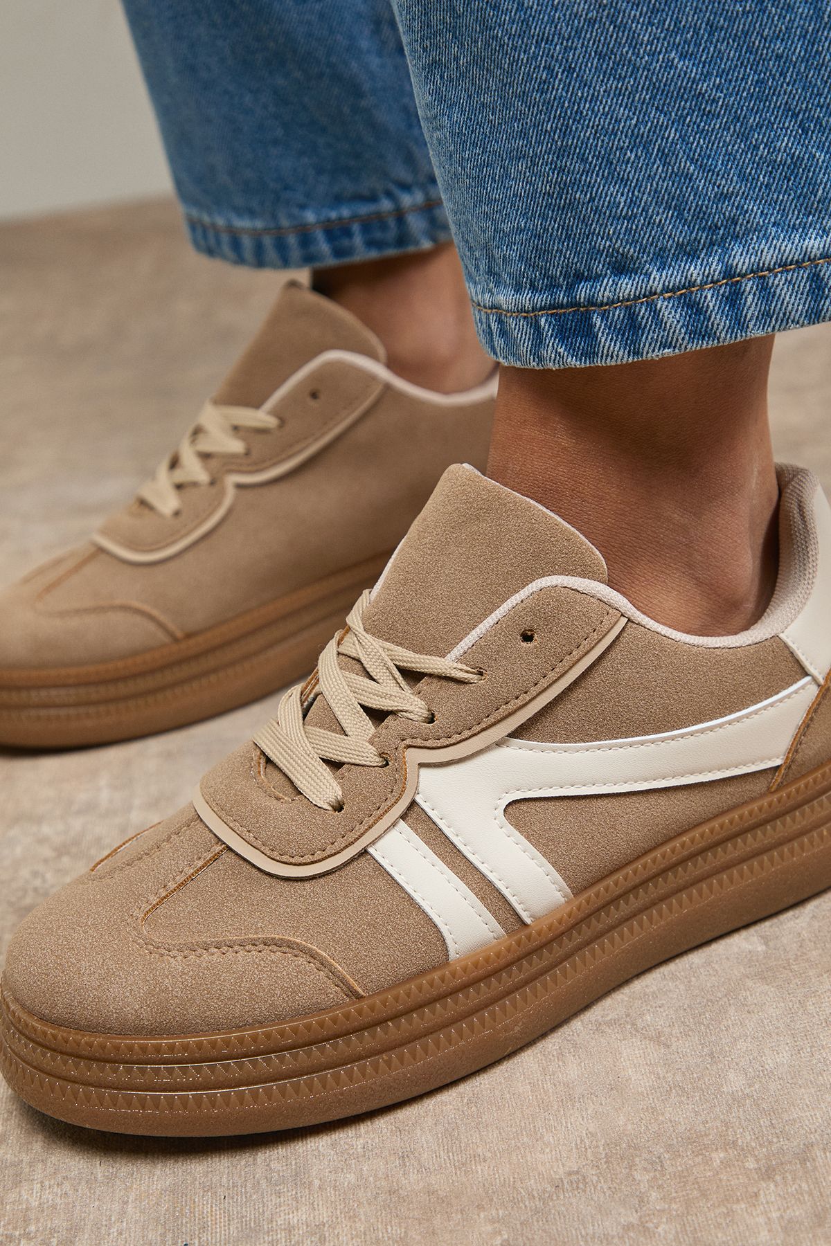 Oasis Faux Suede Lace Up Platform Trainners Beige image 3