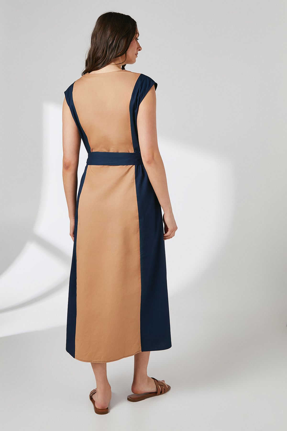 Principles Camel Colour Block Notch Neck Tie Waist Midi Dress Camel image 3
