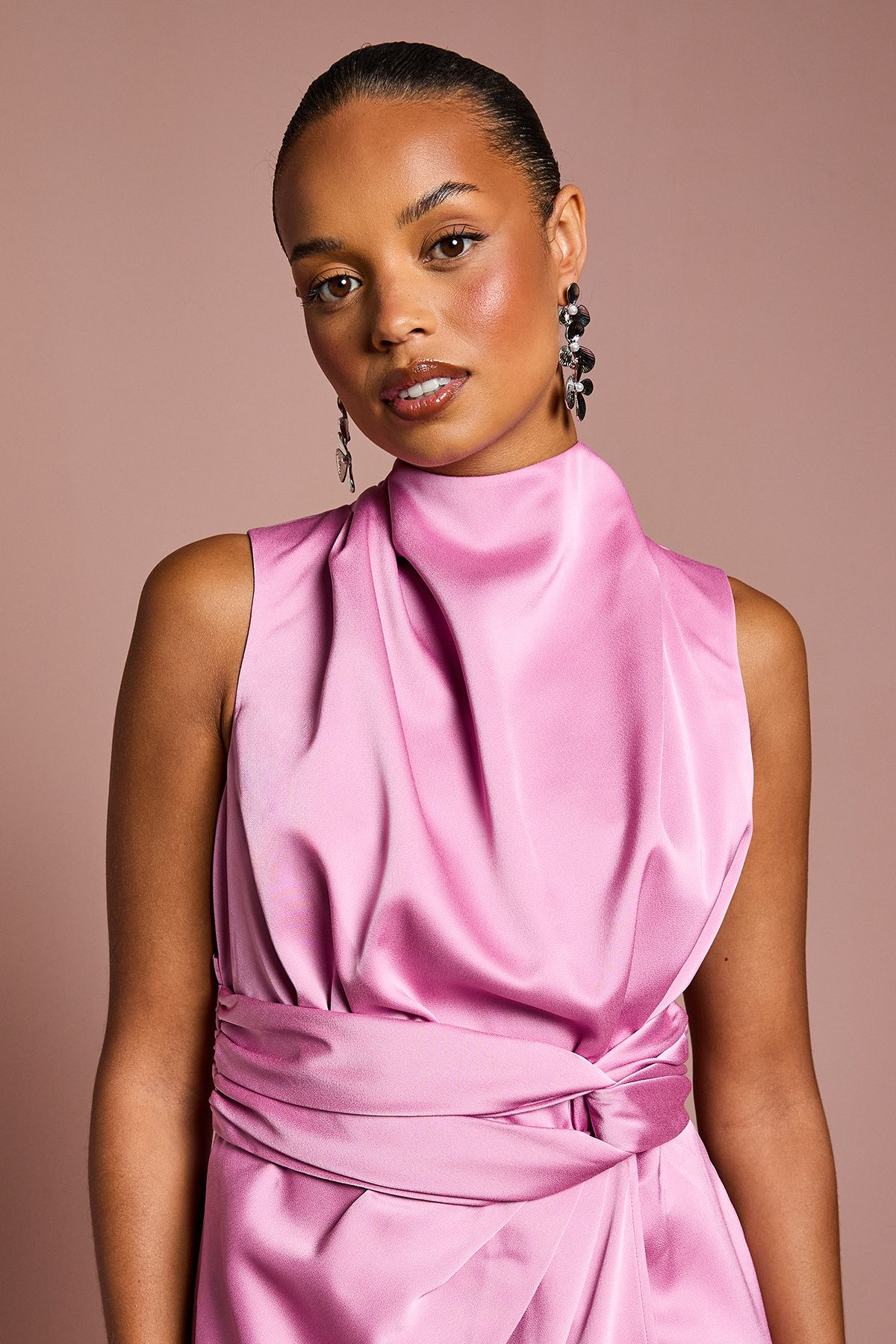 Coast Petite Satin Midi Dress With Twist Waist Pink image 4