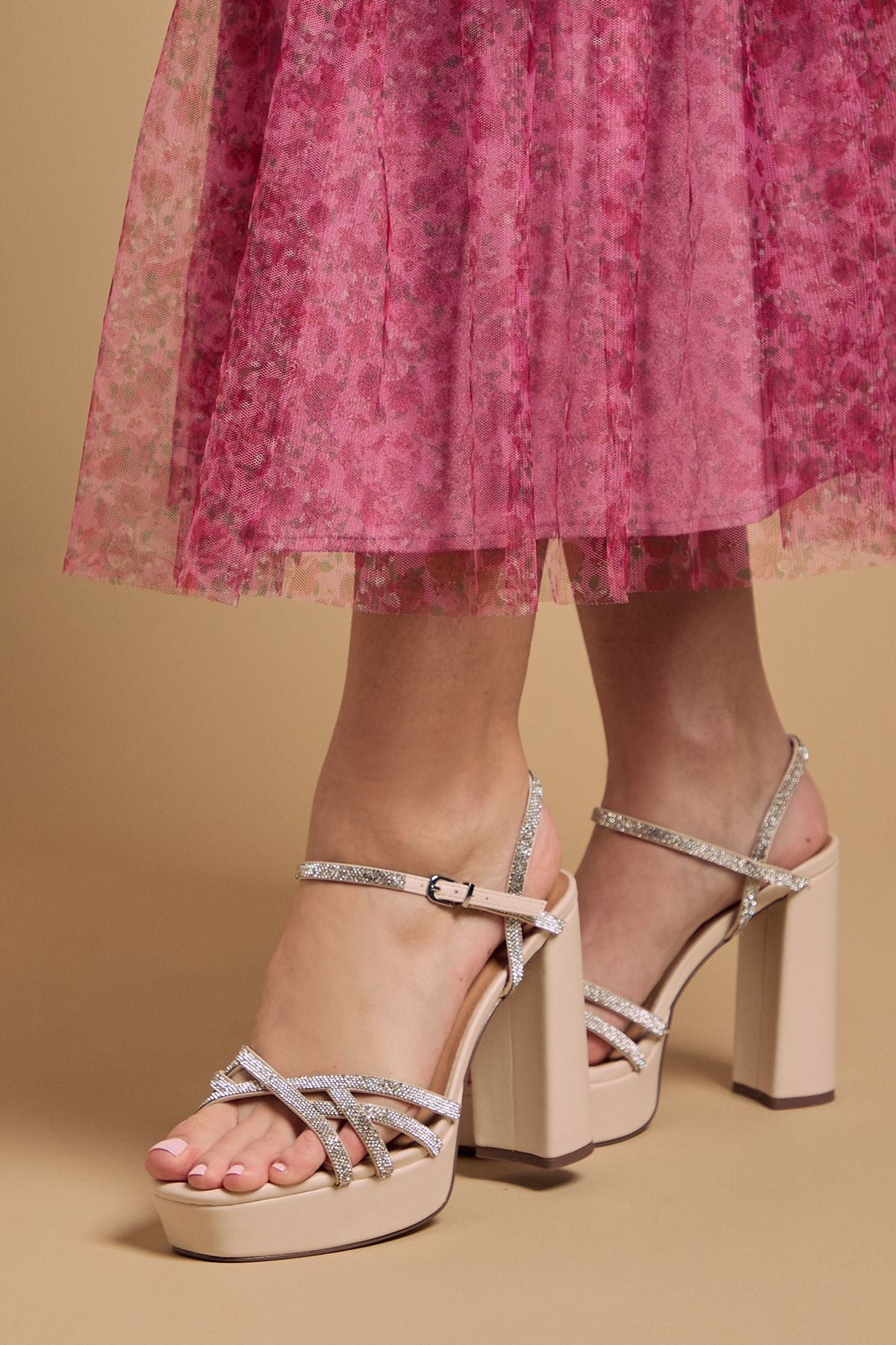 Oasis Mona Faux Leather Embellished High Block Heel Platform Sandals Beige image 3