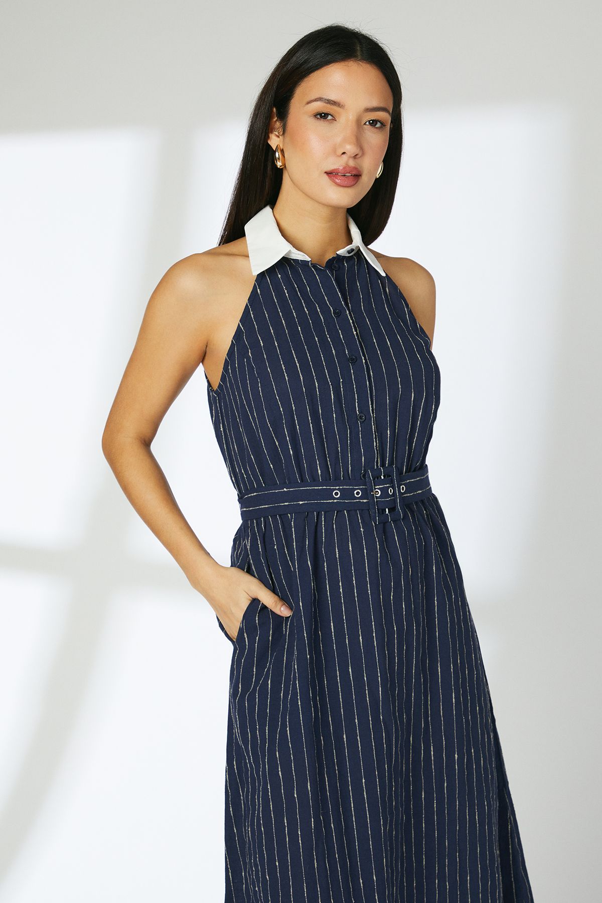 Principles Navy Pinstripe Collared Halterneck Midi Dress Navy image 2