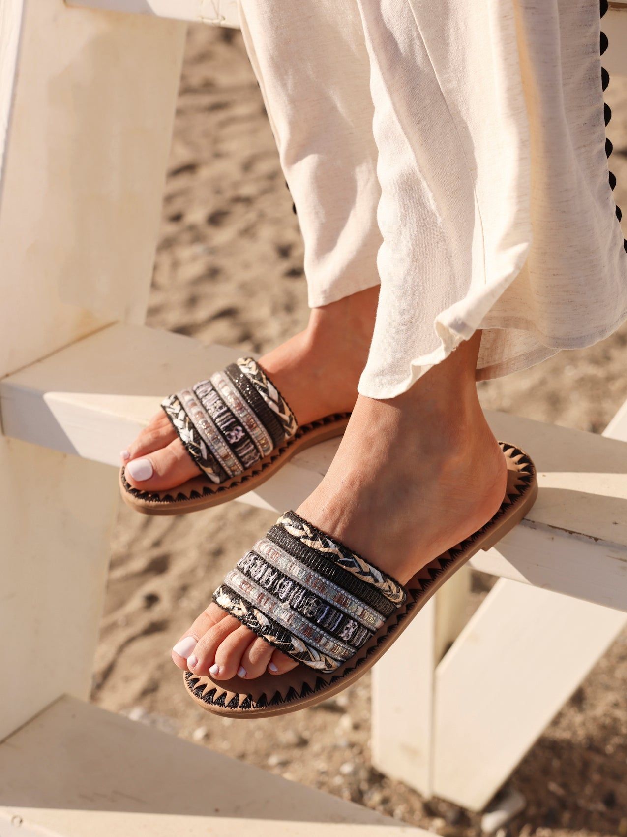 Linzi Carel Black Woven Embellished Flat Sandals image 2