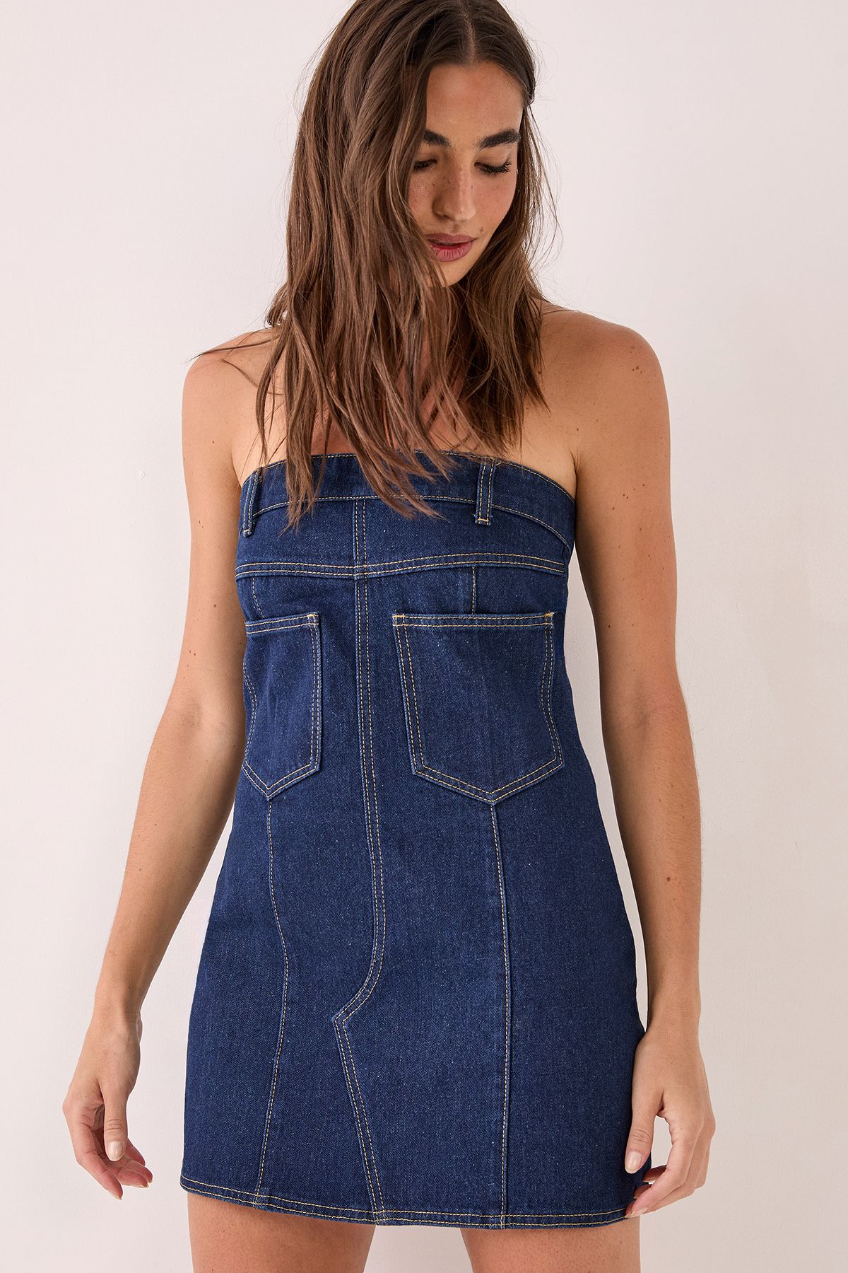 NastyGal Bandeau Denim Pocket Mini Dress Indigo image 3