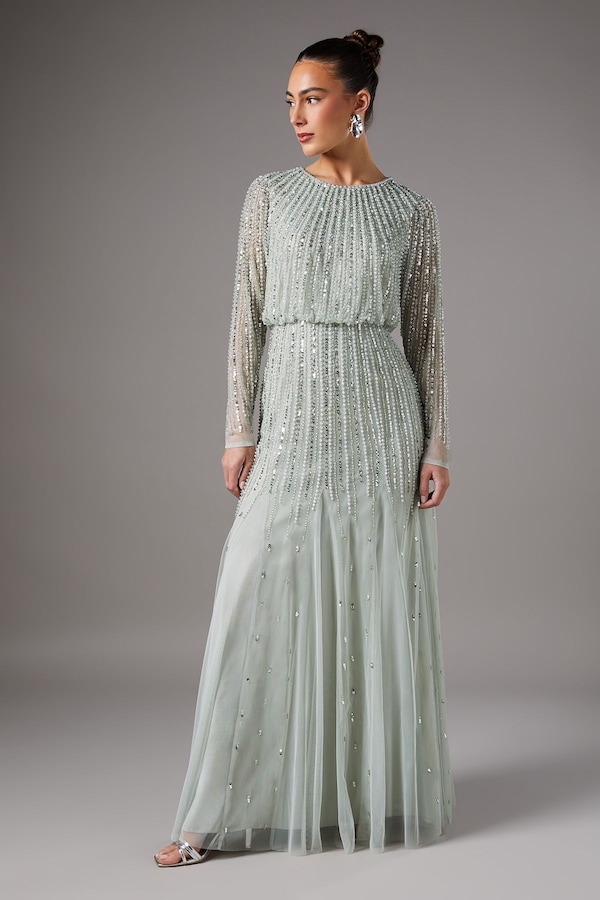 Coast Linear Sequin Embellished Long Sleeve Maxi Dress Sage