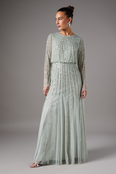 Coast Linear Sequin Embellished Long Sleeve Maxi Dress Sage