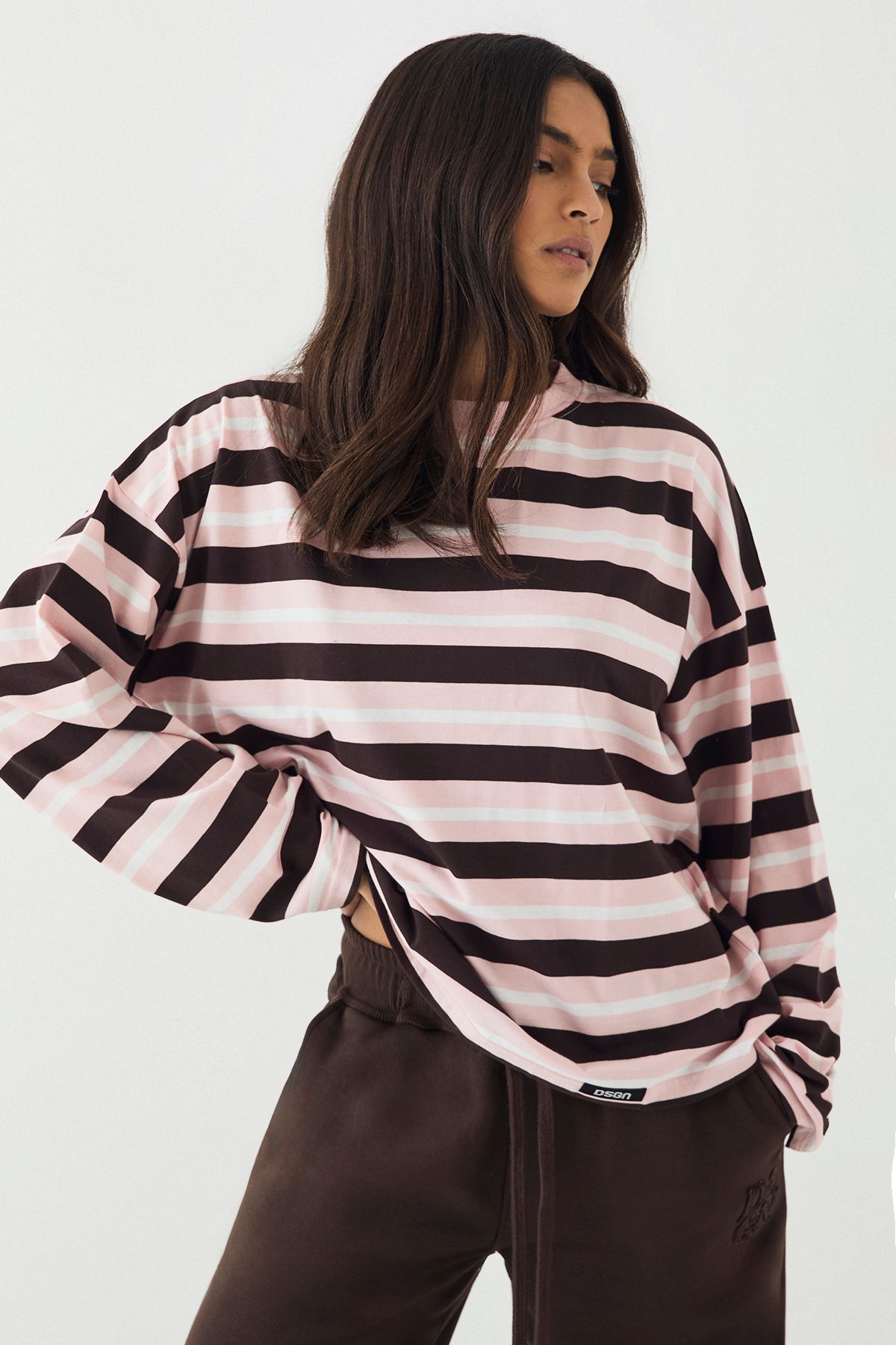 DSGN Studio DSGN Studio Stripe Oversized Long Sleeve T-Shirt Pink