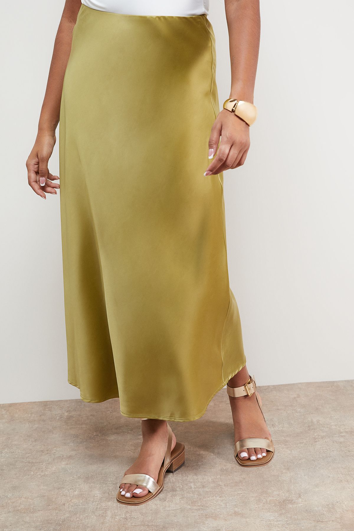 Oasis Bias Cut Satin Midi Skirt Olive image 2