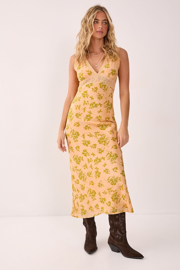 NastyGal Floral Lace Insert Plunge Maxi Dress Beige