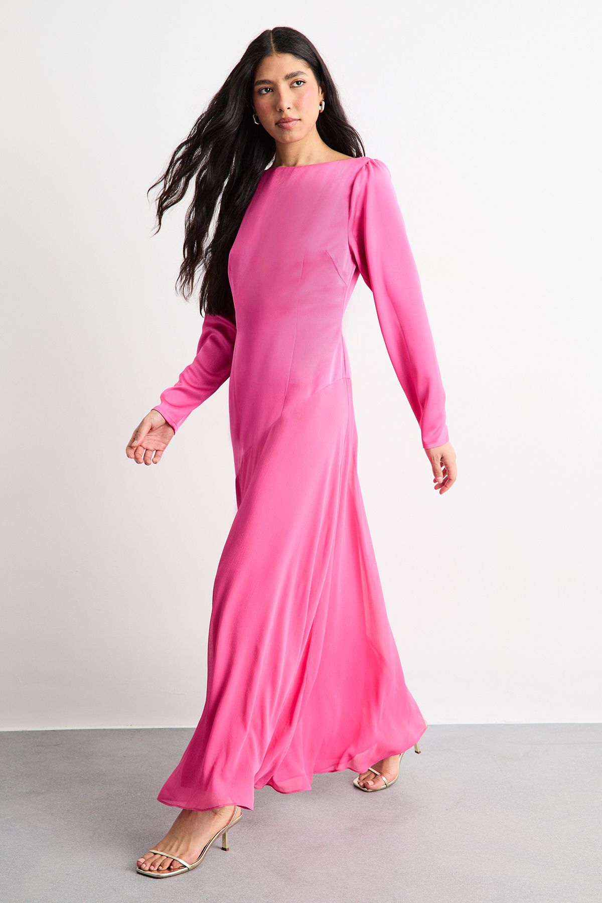Warehouse Slash Neck Asymmetric Seam Detail Maxi Dress Pink image 4