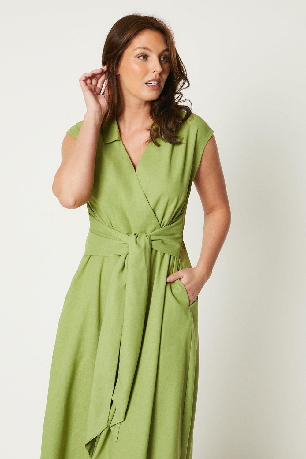 Wallis Principles Linen Blend Belted Midi Dress Chartreuse image 2