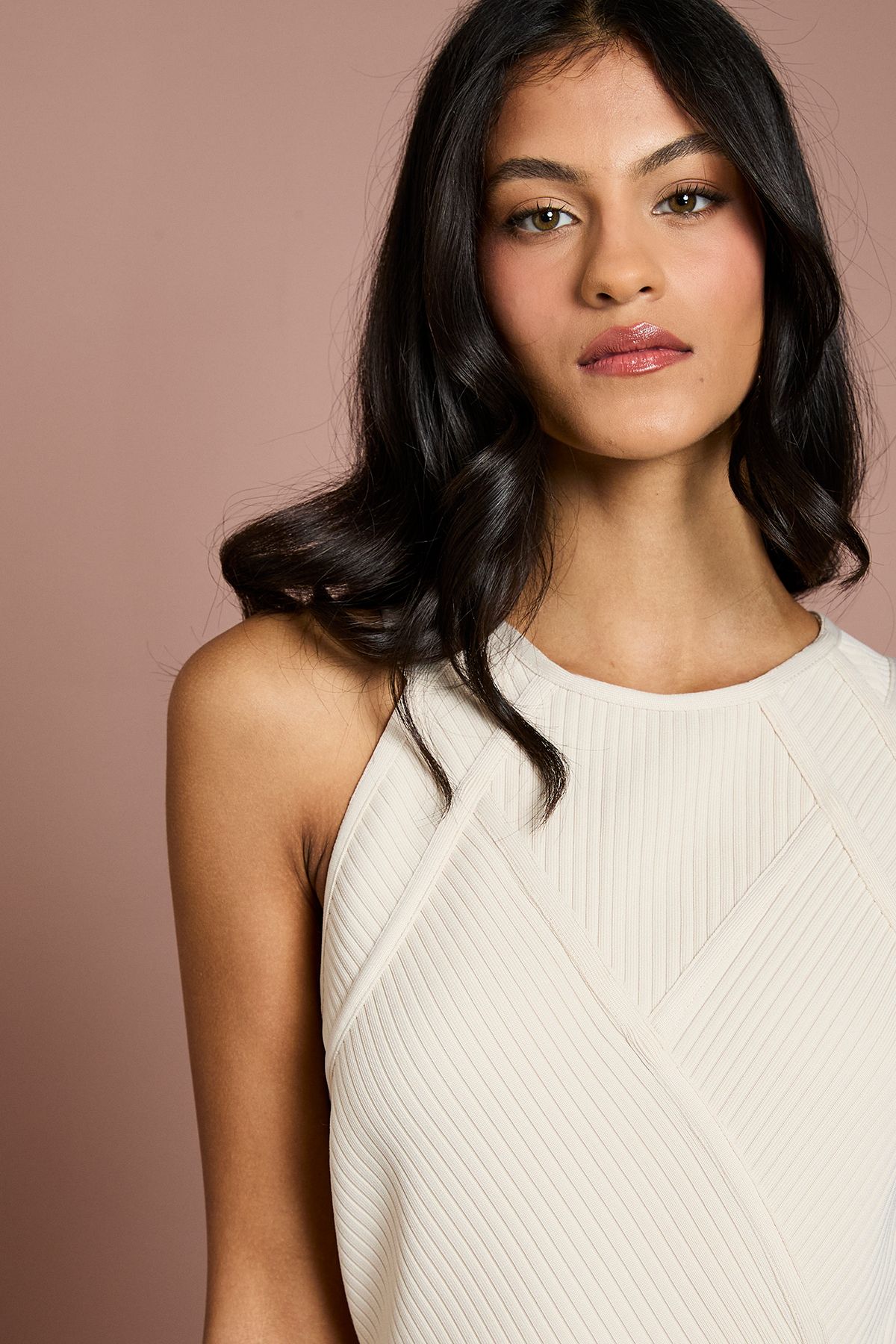 Coast Petite Ribbed Bandage Halterneck Midi Dress Stone image 4