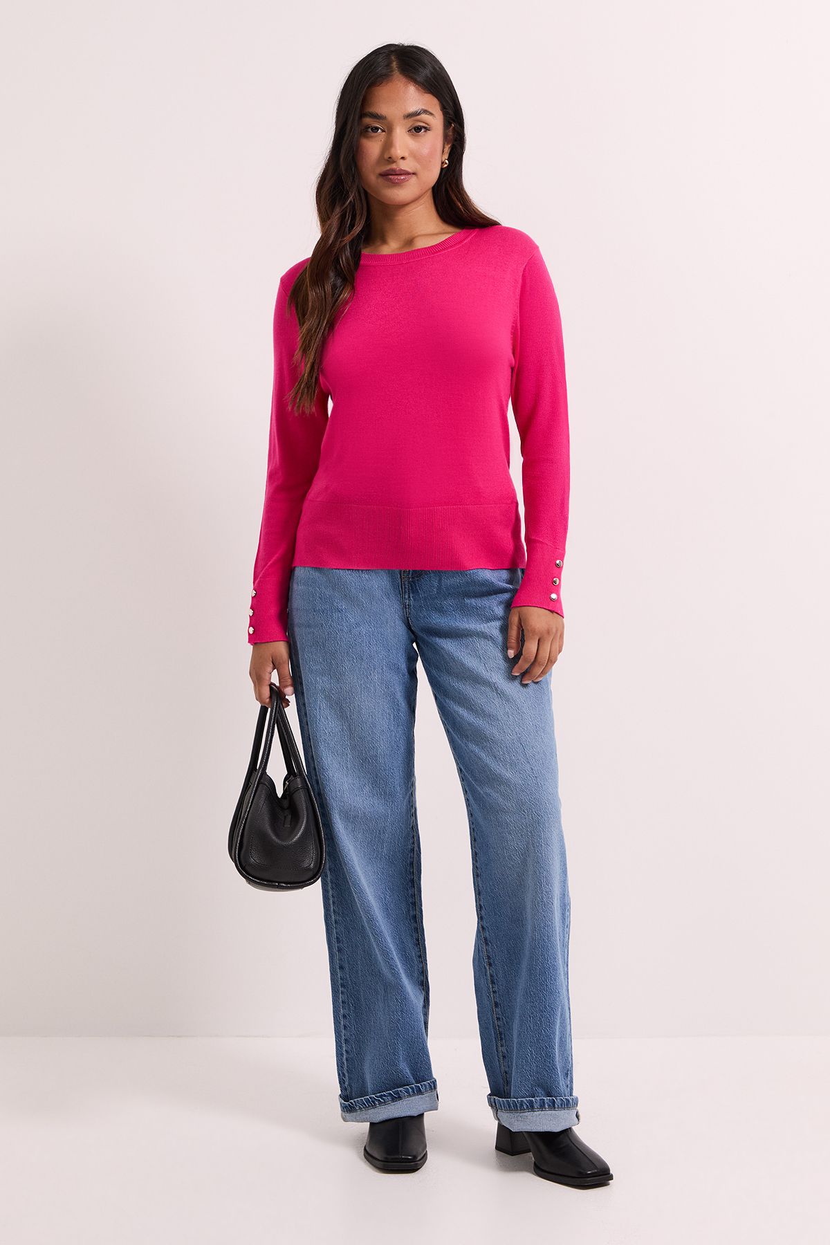 Dorothy Perkins Petite Pink Crew Neck Button Cuff Jumper Pink