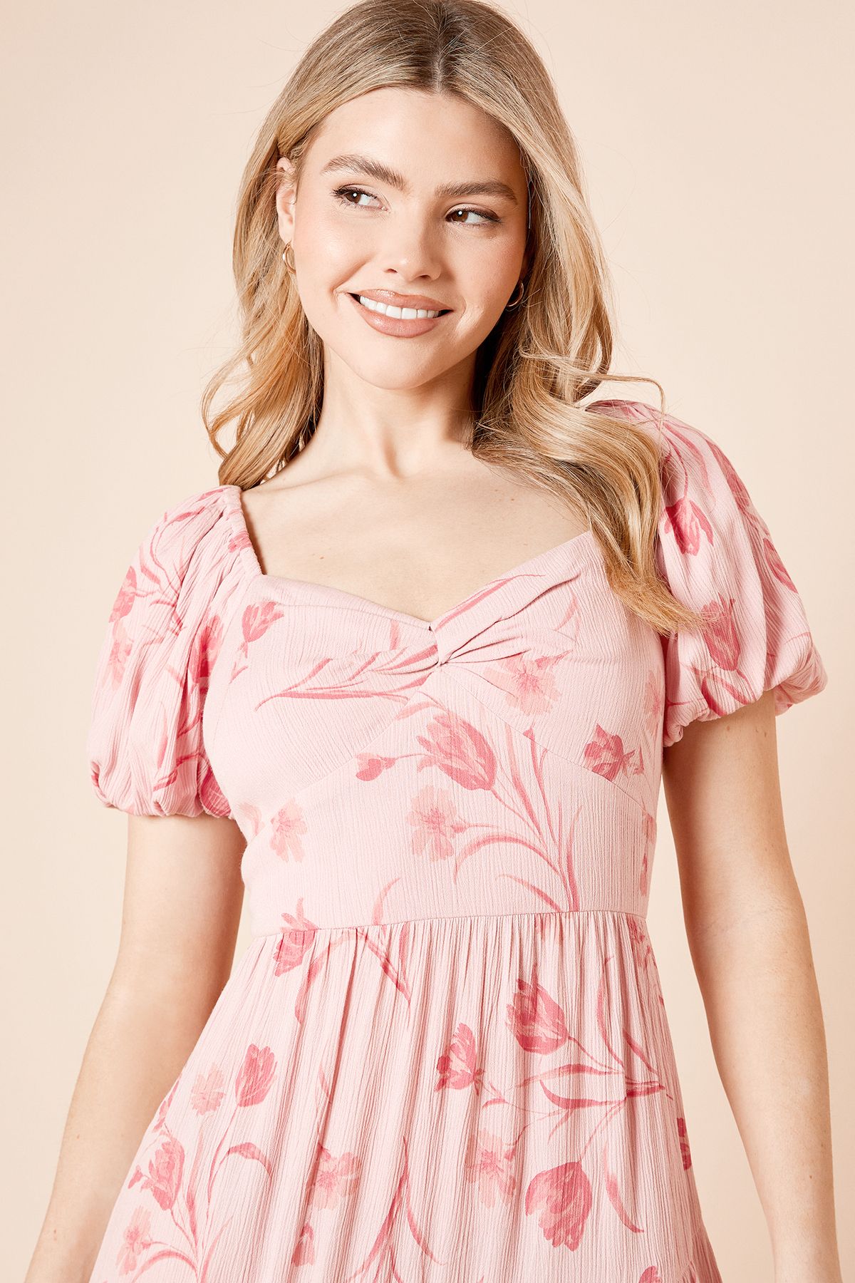 Dorothy Perkins Pink Tiered Puff Sleeve Twist Front Maxi Dress Pink image 3