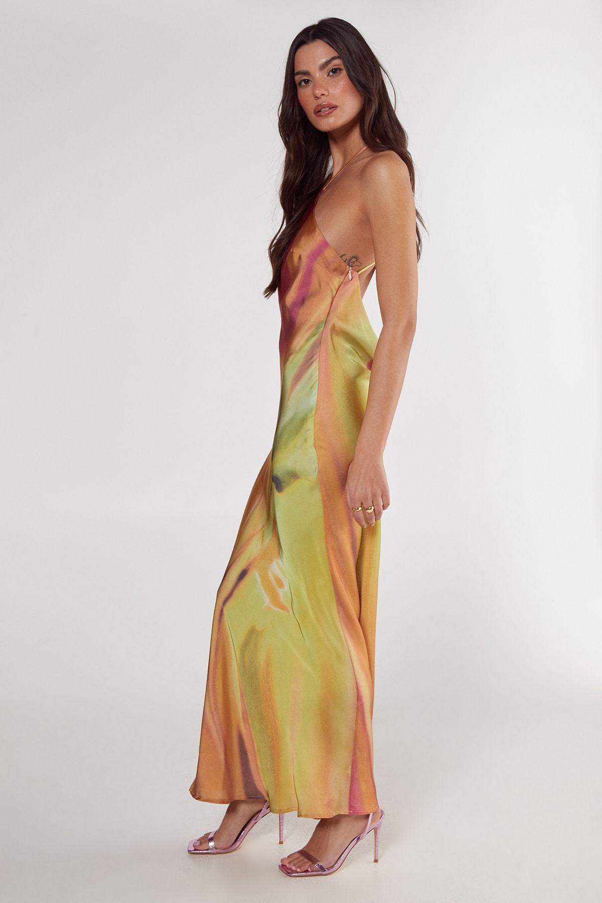 NastyGal Satin Floral Ombre Halter Neck Cowl Back Maxi Dress Lime image 3