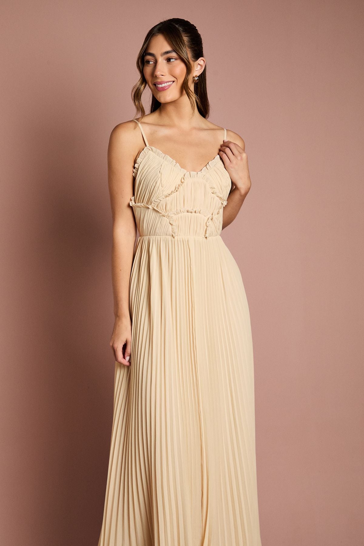 Oasis Oasis By Coast Strappy Pleated Bridesmaid Dress With Ruffle Detail Ivory image 2