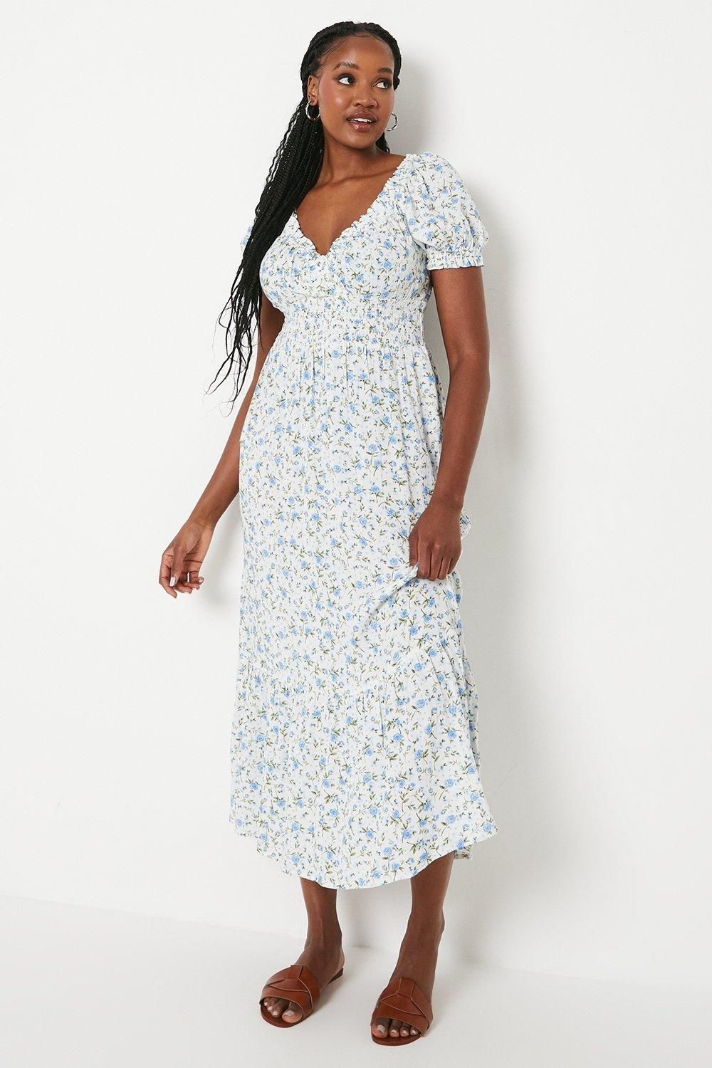 Dorothy Perkins Blue Ditsy Shirred Waist Tiered Hem Midi Dress Ivory image 1