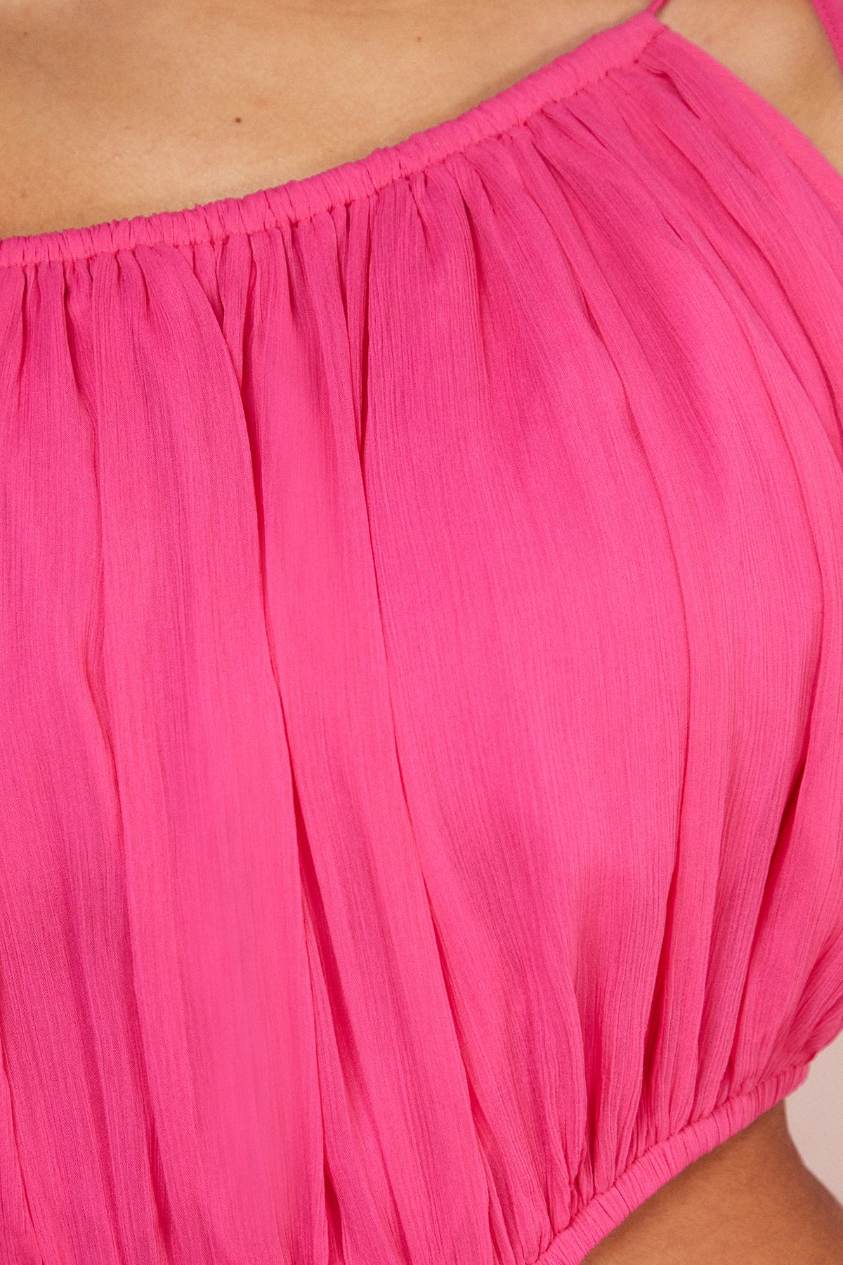 Warehouse Chiffon One Shoulder Balloon Sleeve Cut Out Midi Dress Bright Pink image 5