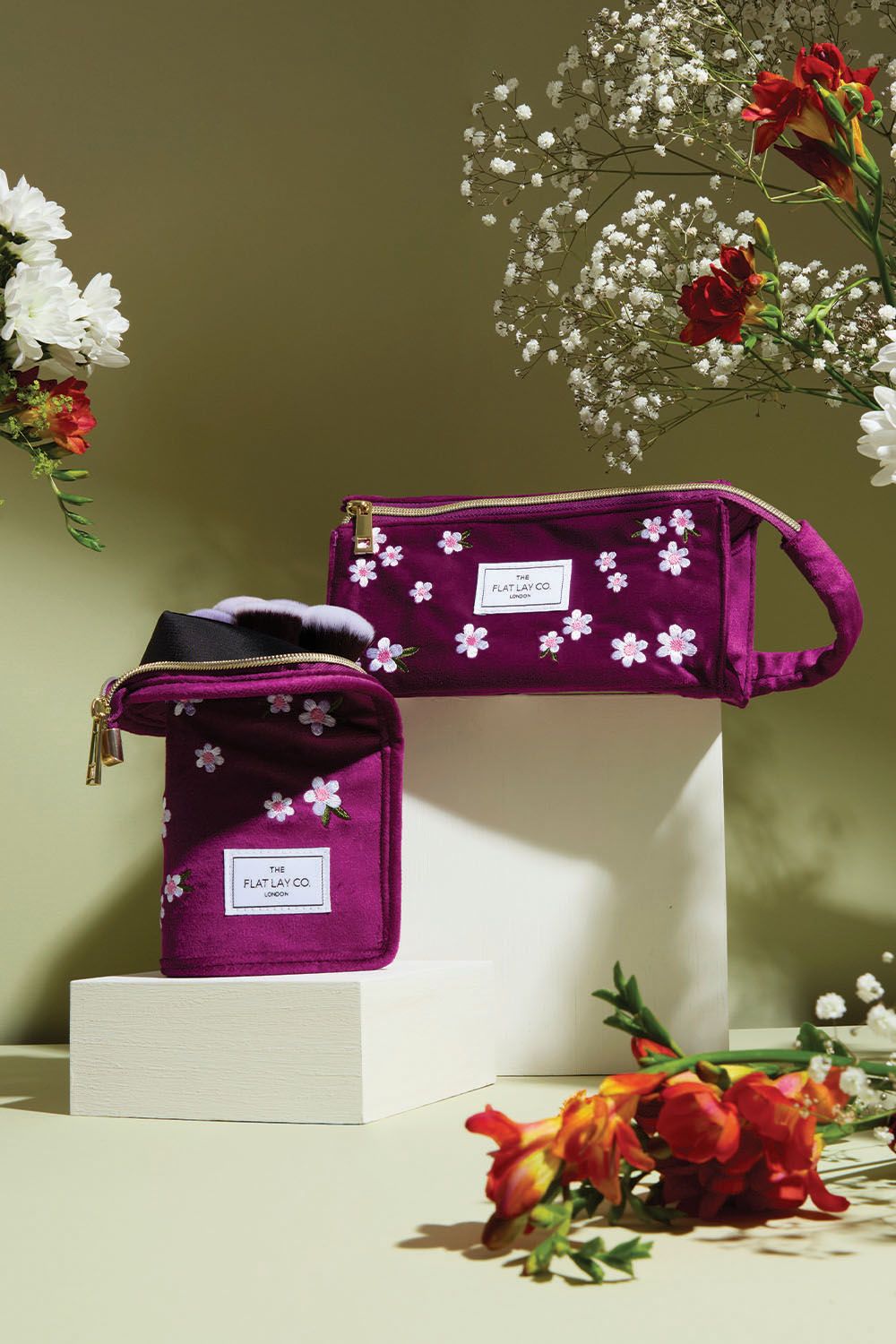 The Flat Lay Co Brush Holder in Embroidered Daisy Plum Velvet Multi image 7