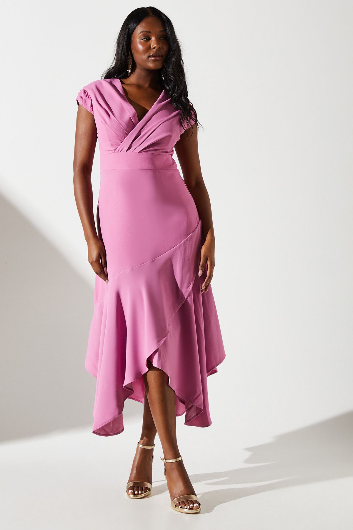 Coast Pleated Detail Frill Hem Midi Dress Pink image 1
