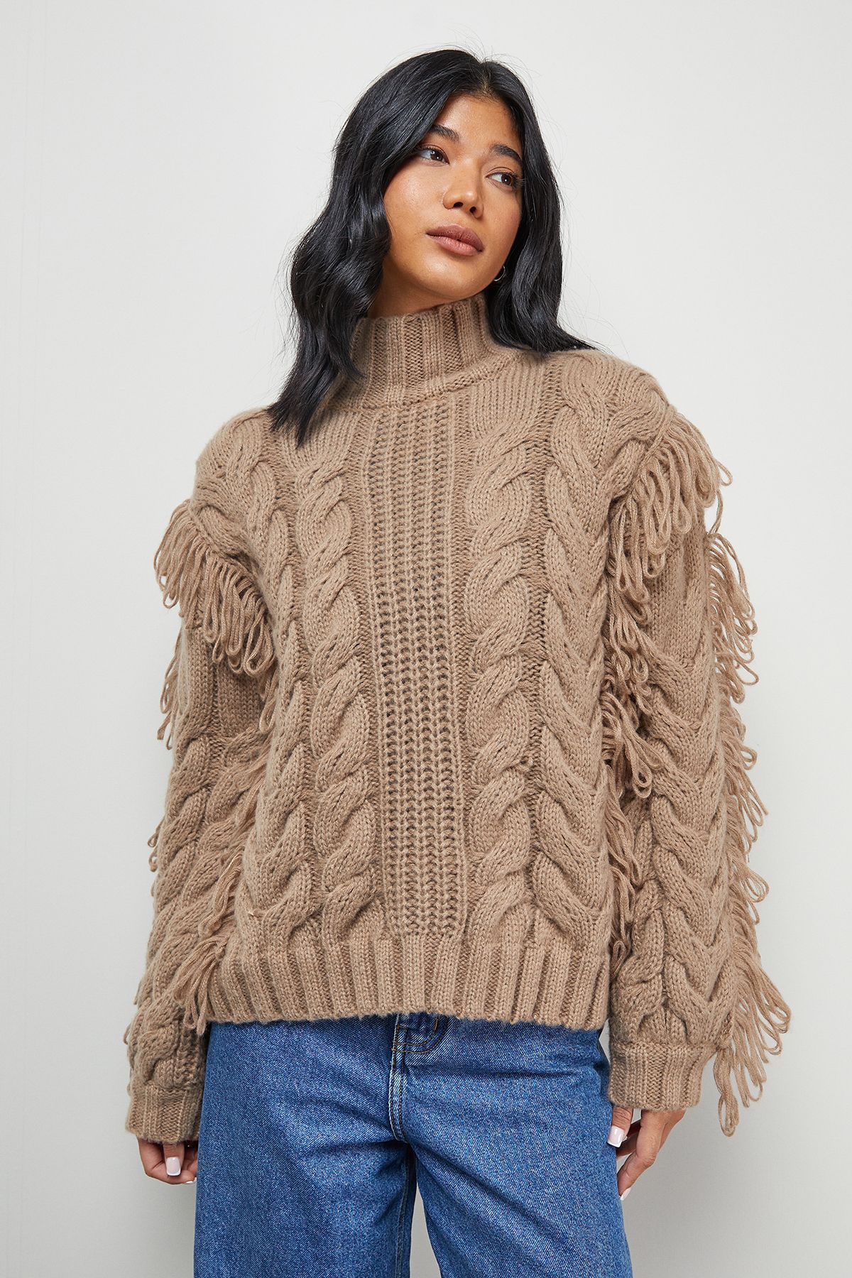 Warehouse Fringe Cross Back Cable Jumper Mocha
