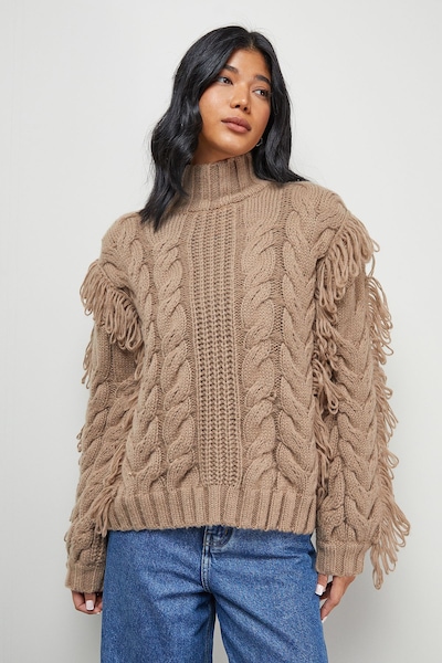 Warehouse Fringe Cross Back Cable Jumper Mocha