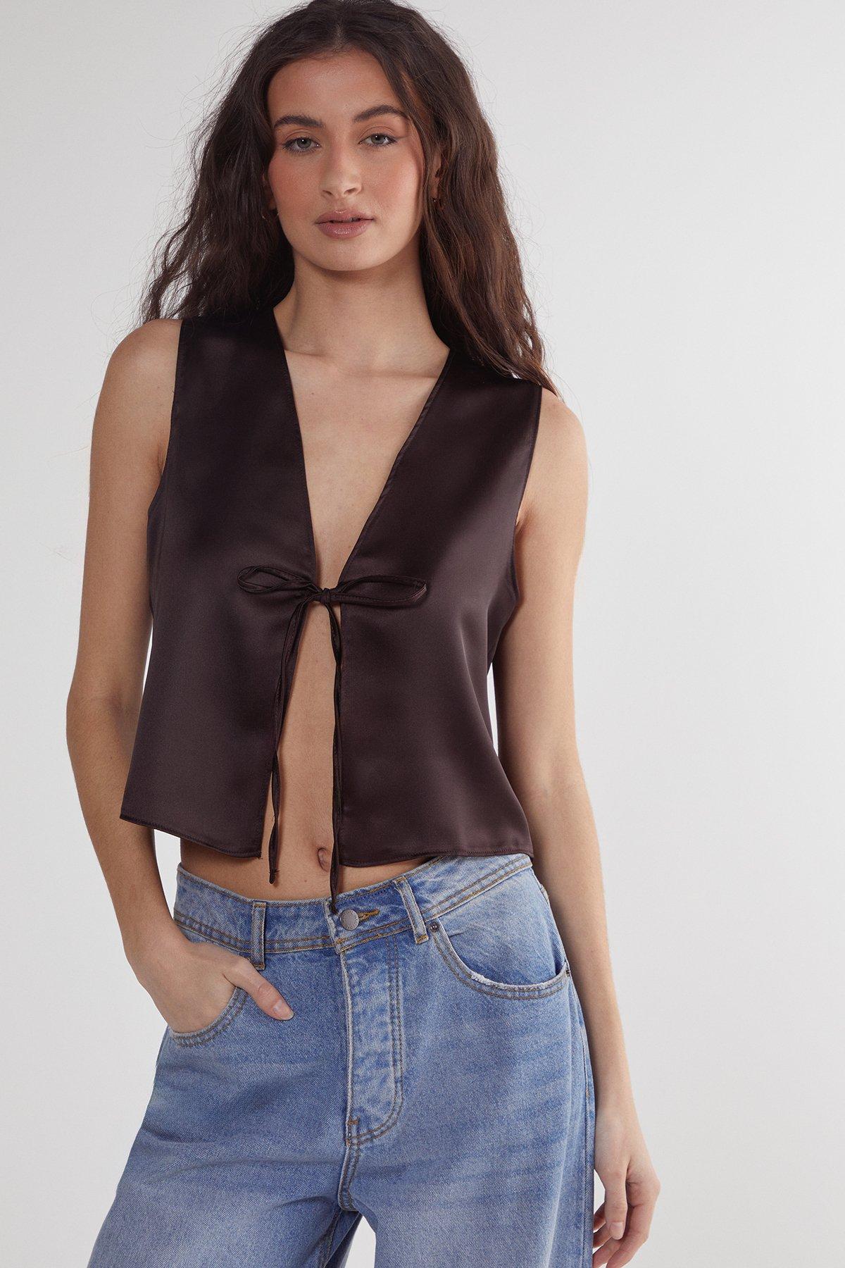 NastyGal Satin Tie Front Vest Chocolate image 4