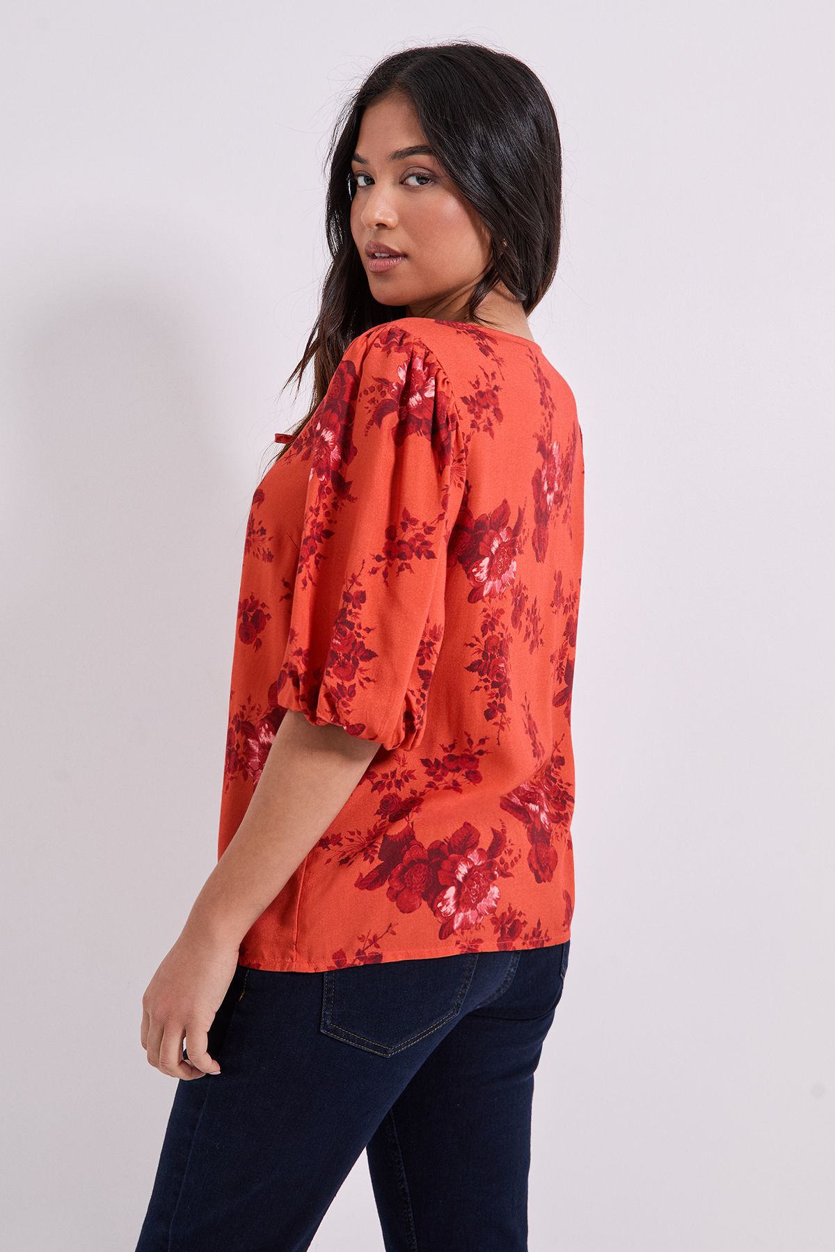 Dorothy Perkins Petite Tie Detail Puff Sleeve Printed Top Rust image 3