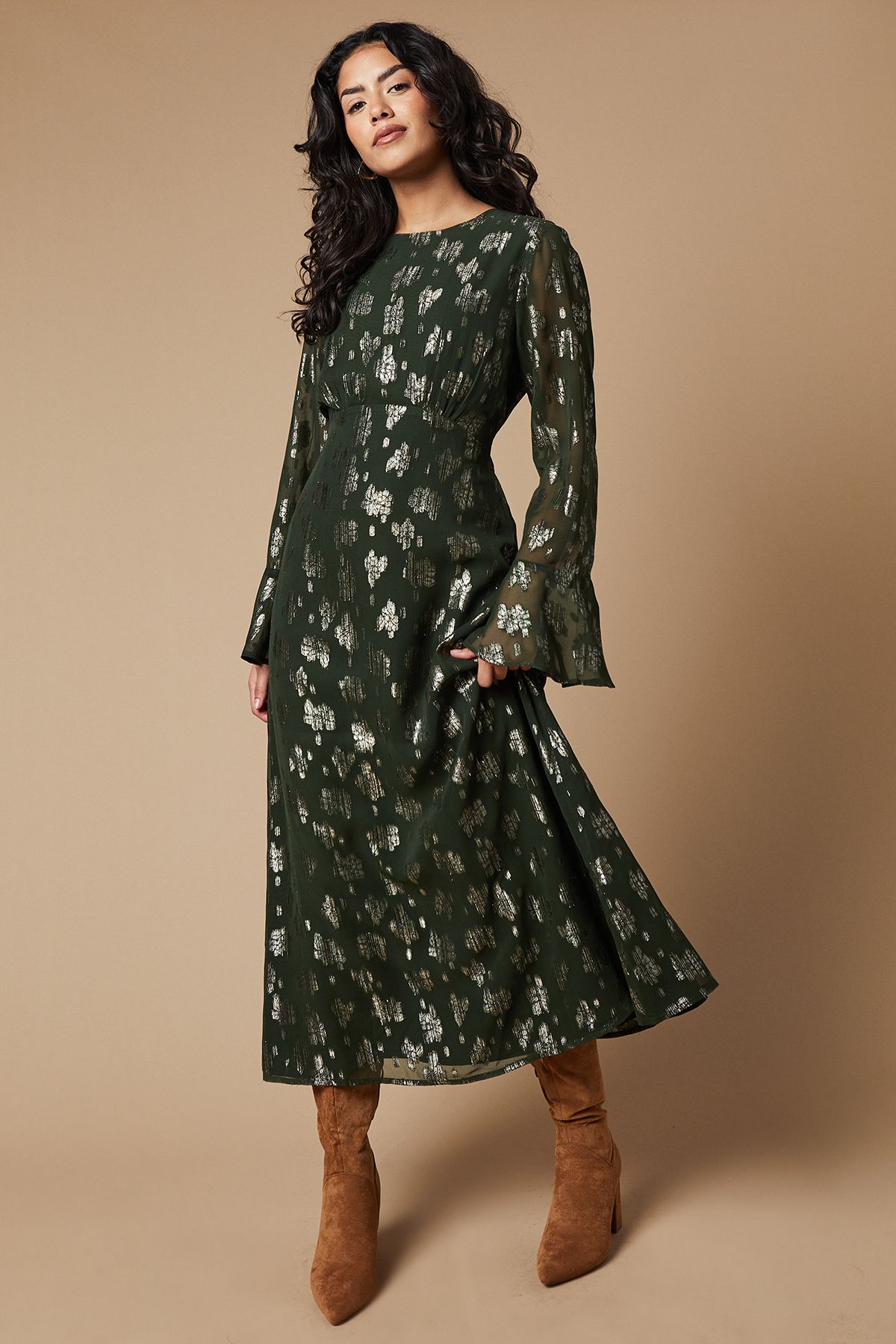 Oasis Metallic Jacquard Flute Sleeve Midi Dress Dark Olive image 1