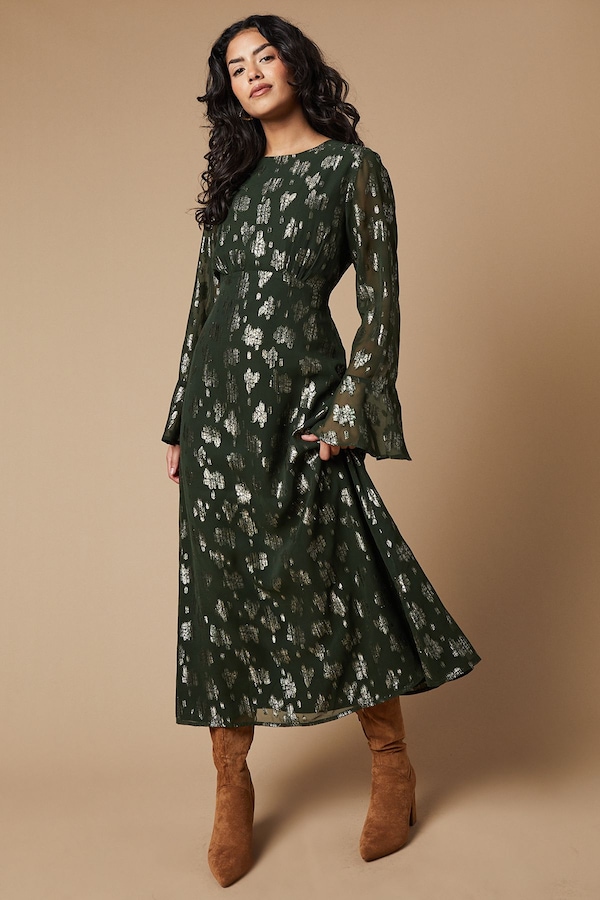 Oasis Metallic Jacquard Flute Sleeve Midi Dress Dark Olive