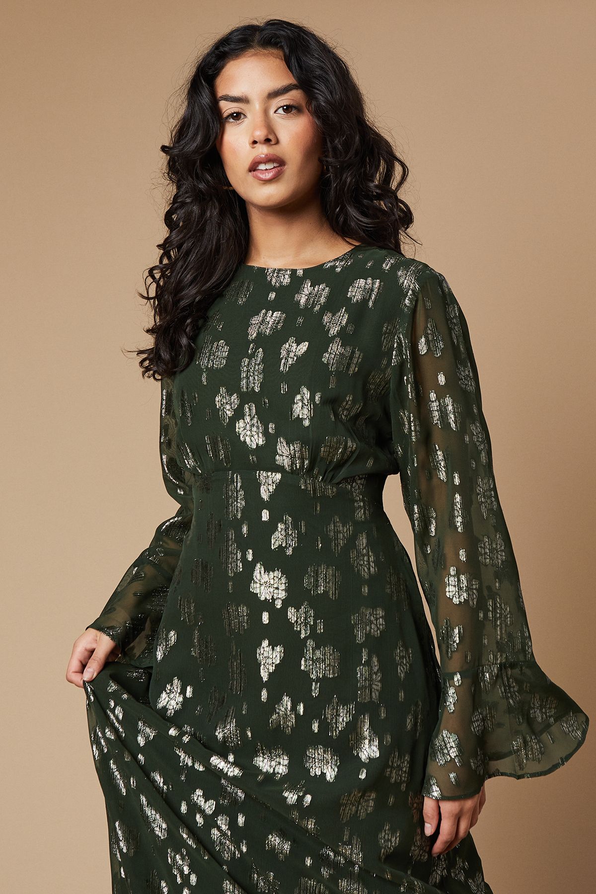 Oasis Metallic Jacquard Flute Sleeve Midi Dress Dark Olive image 4
