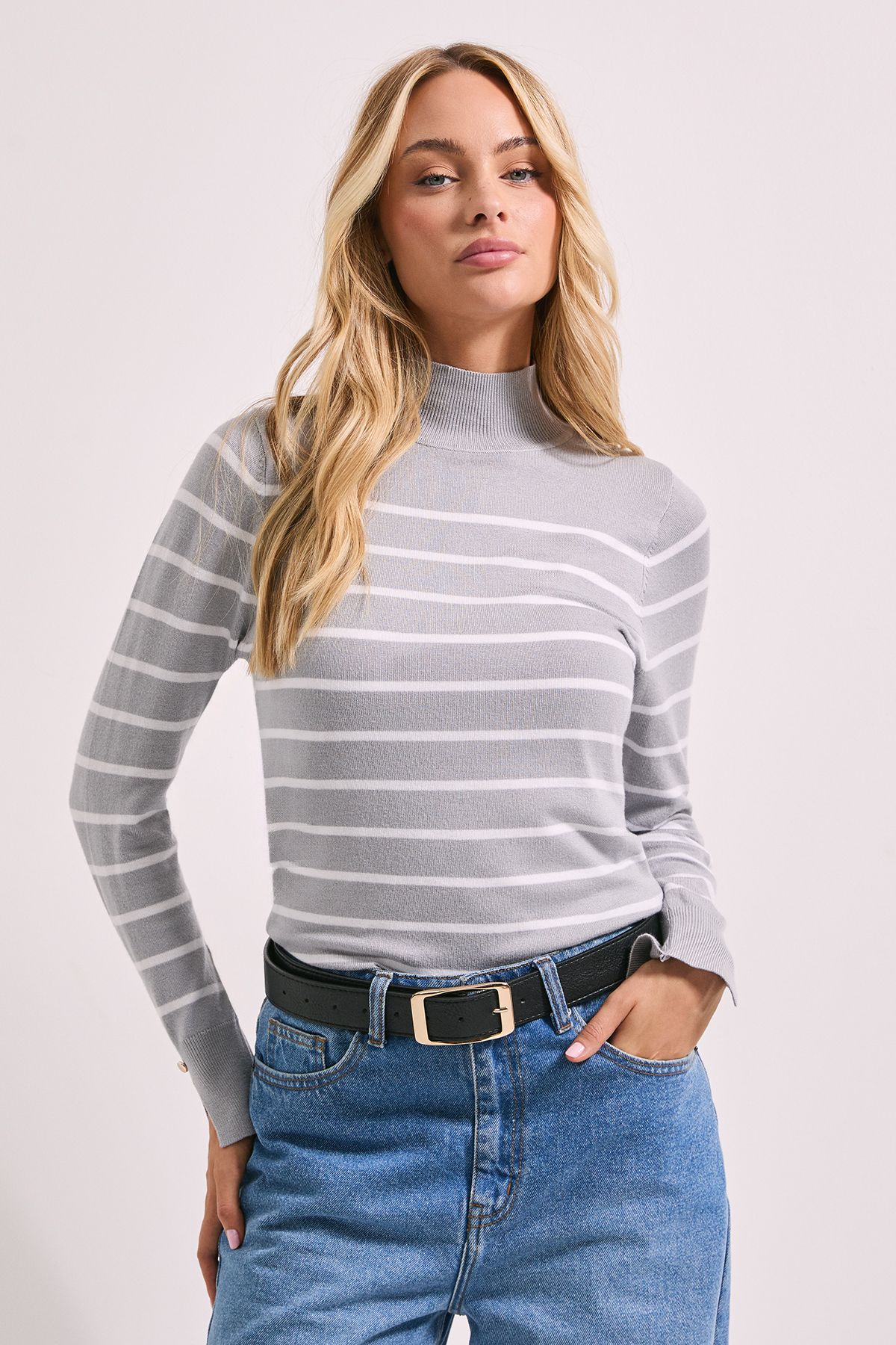 Dorothy Perkins Grey Stripe Funnel Neck Tunic Jumper Grey image 4