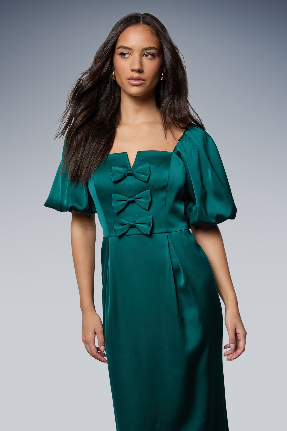 Oasis Satin Bow Front Puff Sleeve Midi Dress Teal image 2