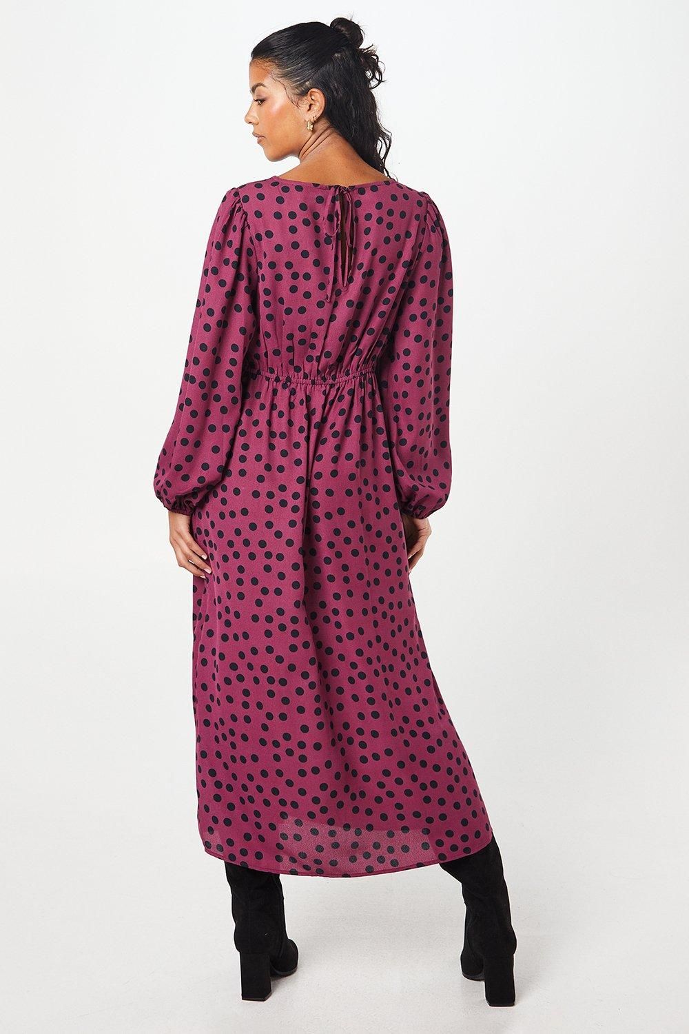 Dorothy Perkins Petite Berry Spot Shirred Waist Long Sleeve Midi Dress Berry image 3