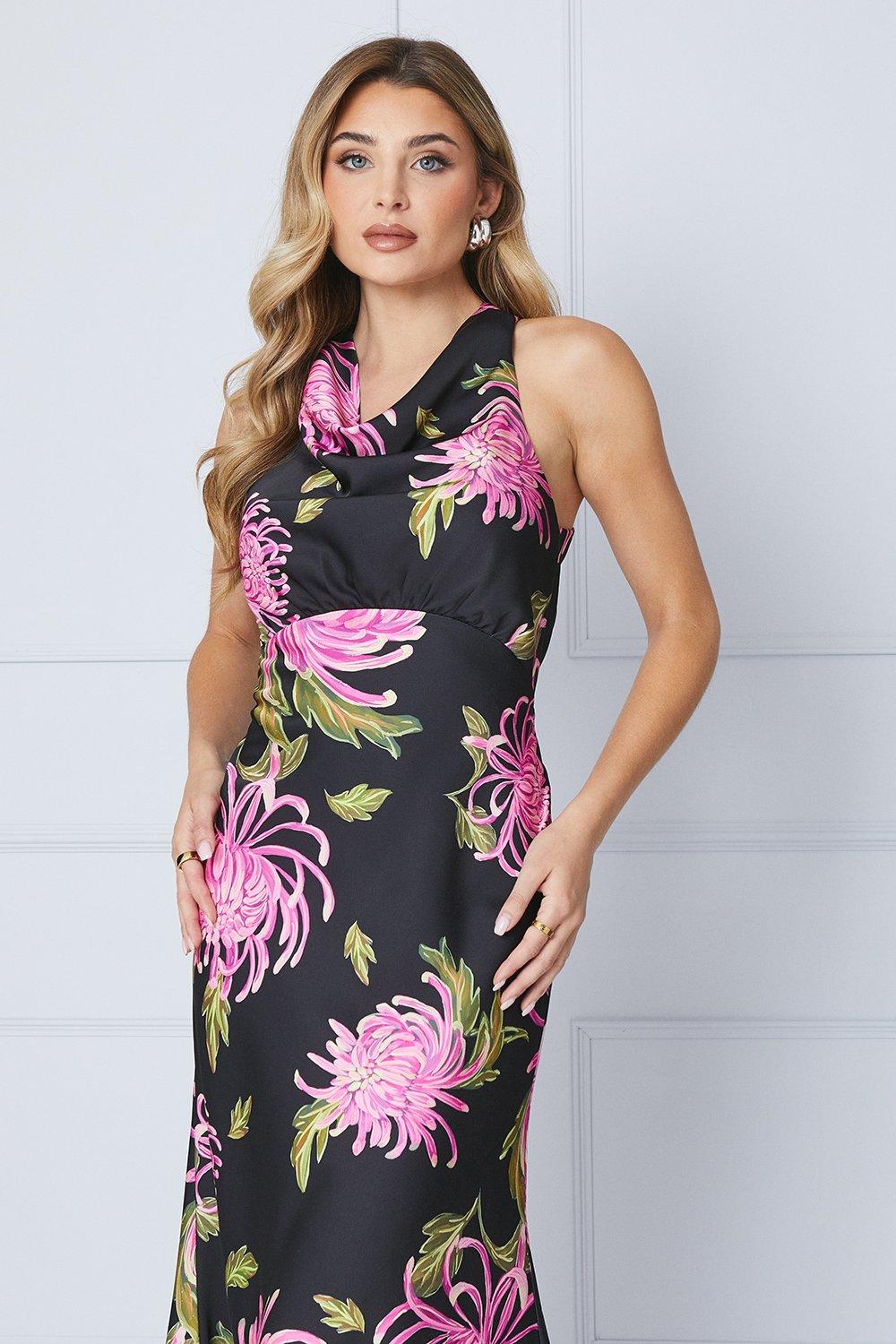 Oasis Occasion Petite Floral Satin Cross Back Midi Dress Black image 4