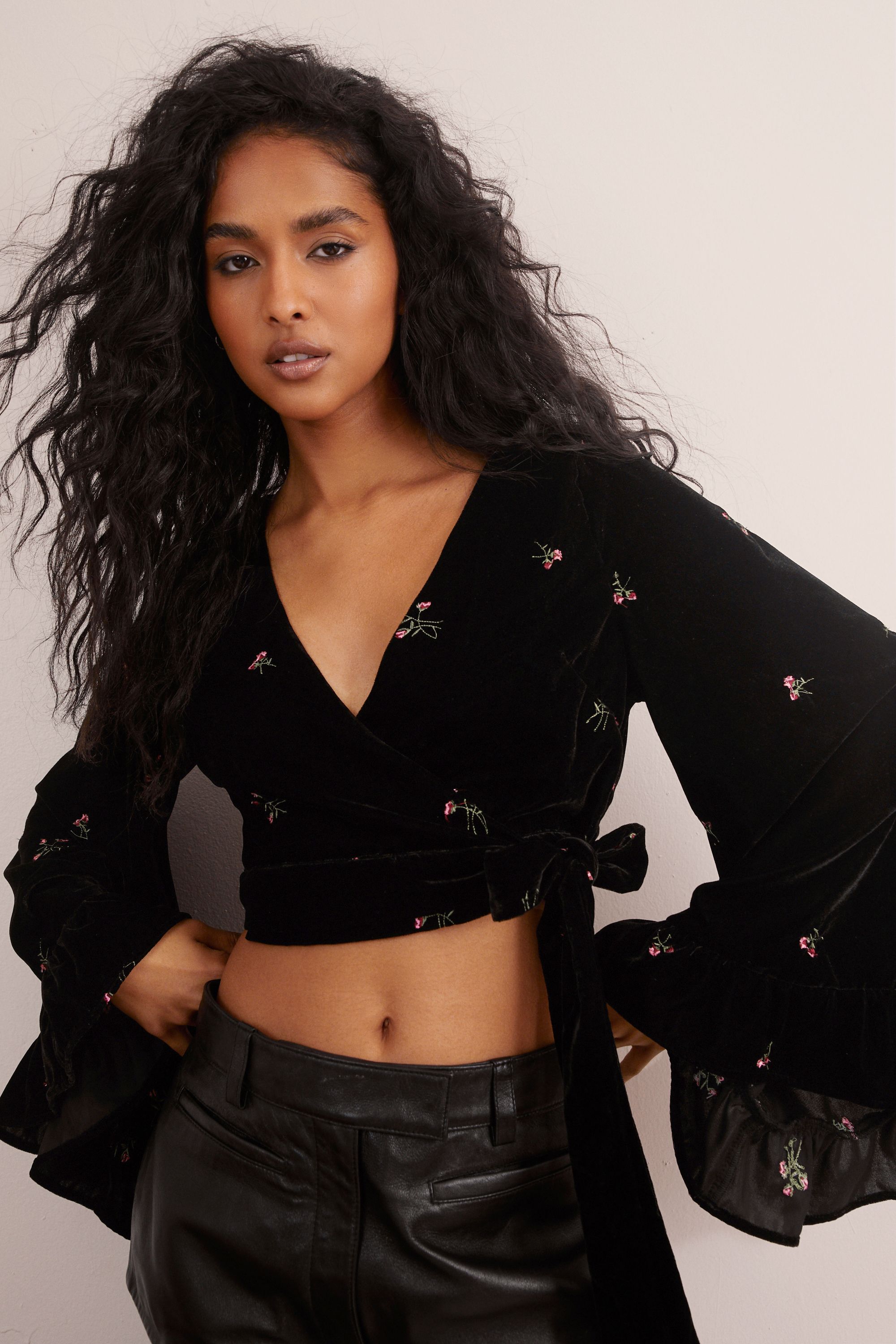 NastyGal Velvet Floral Embroidered Ruffle Wrap Top Black image 3