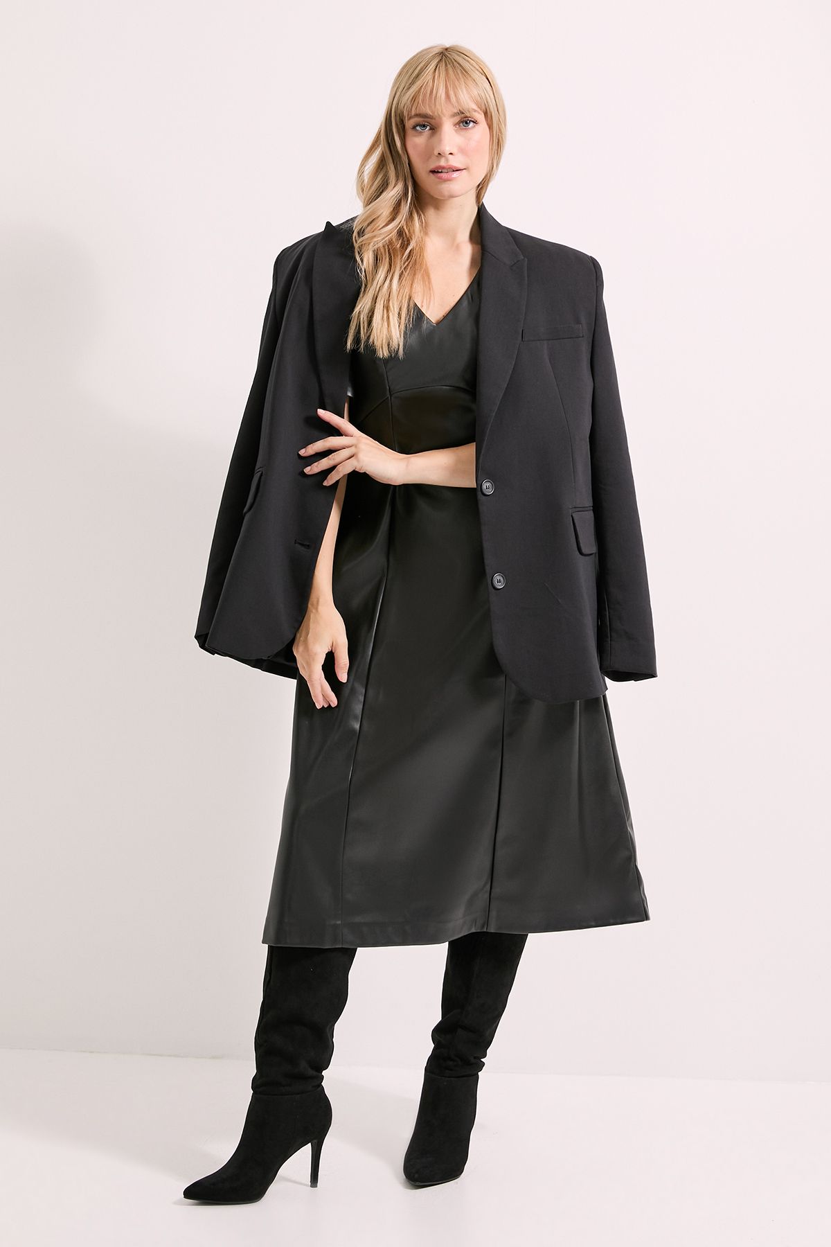 Principles Black V Neck Fit & Flare PU Midi Dress Black image 1