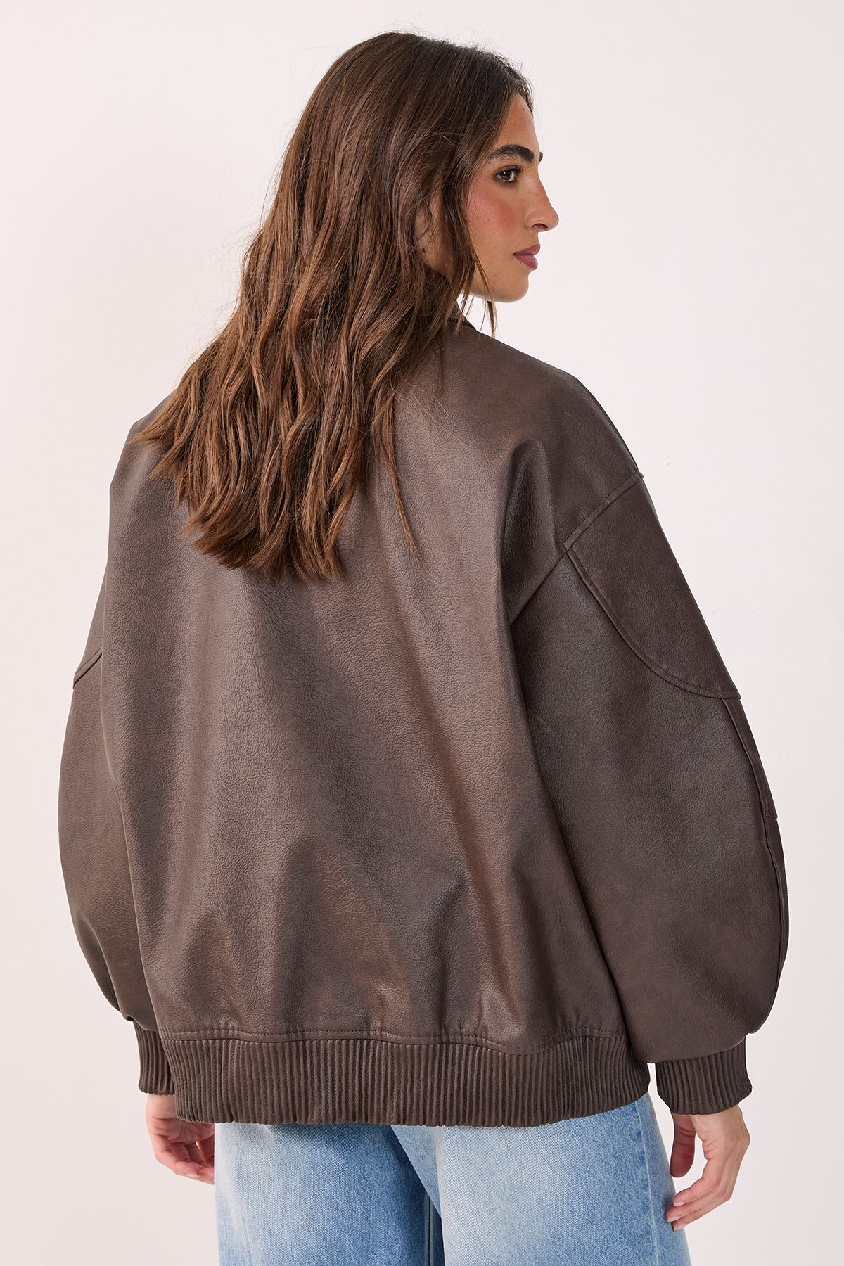 NastyGal Oversized Longline Faux Leather Bomber Jacket Chocolate image 4