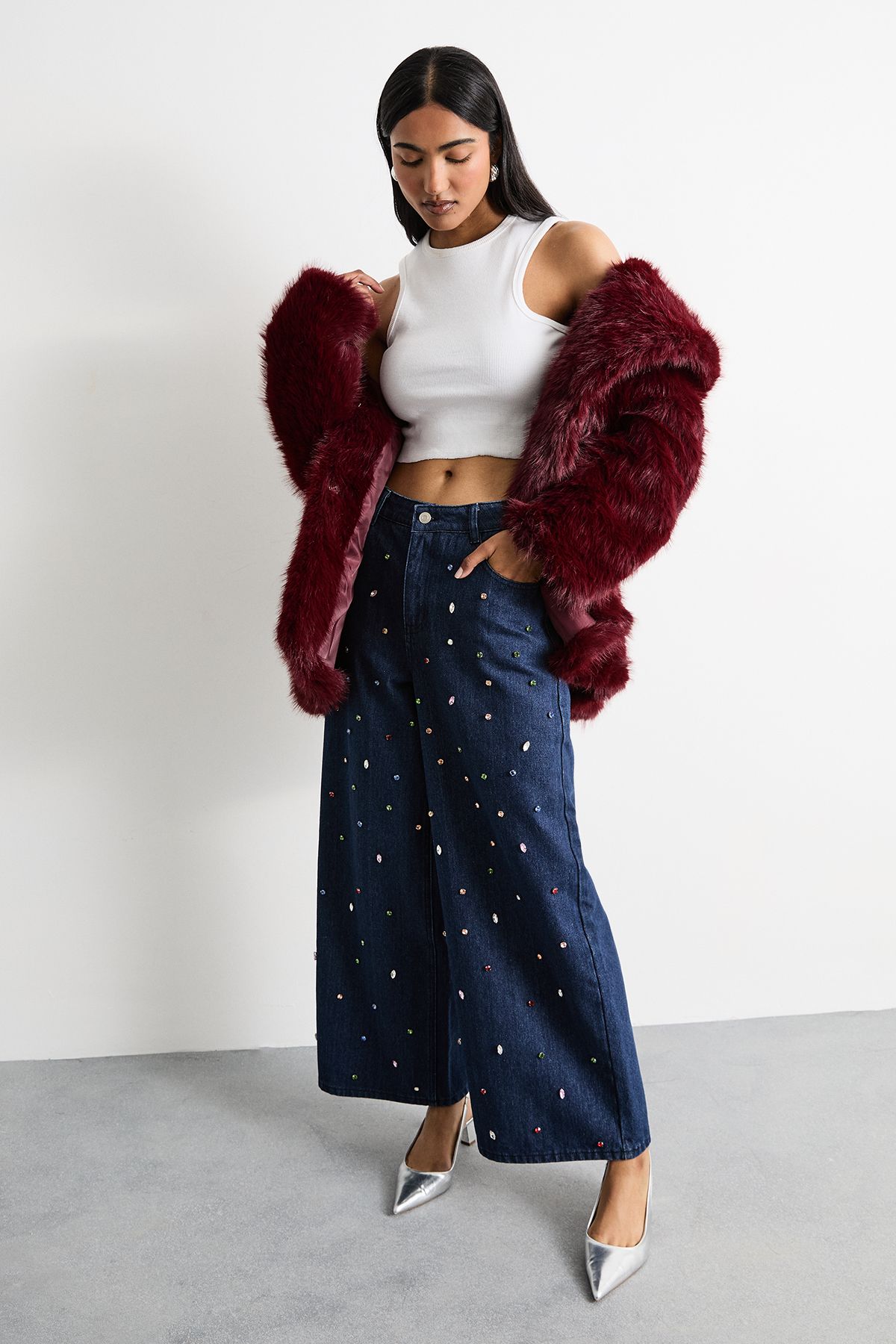 Warehouse Hotfix Embellished High Waisted Wide Leg Denim Jean Indigo image 1