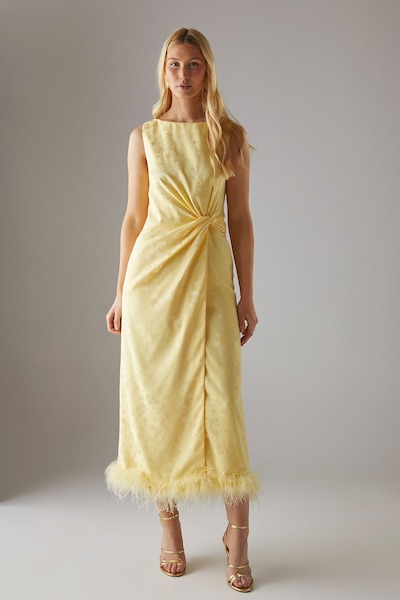 Warehouse Satin Jacquard Feather Twist Front Cowl Back Midi Dress Yellow