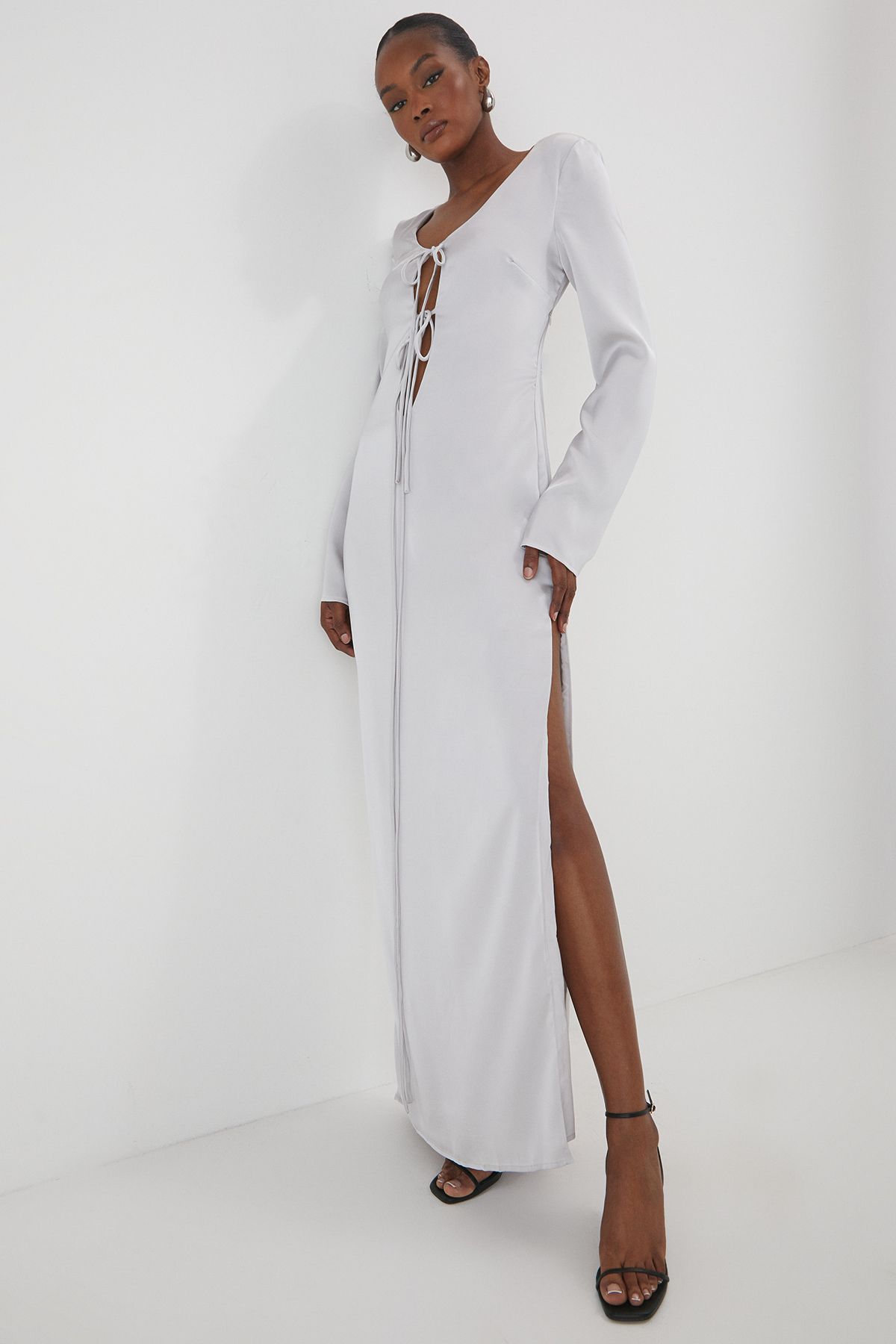 MissPap Premium Satin Tie Front Long Sleeve Maxi Dress Silver image 1