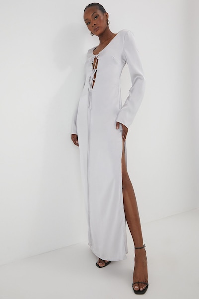 MissPap Premium Satin Tie Front Long Sleeve Maxi Dress Silver