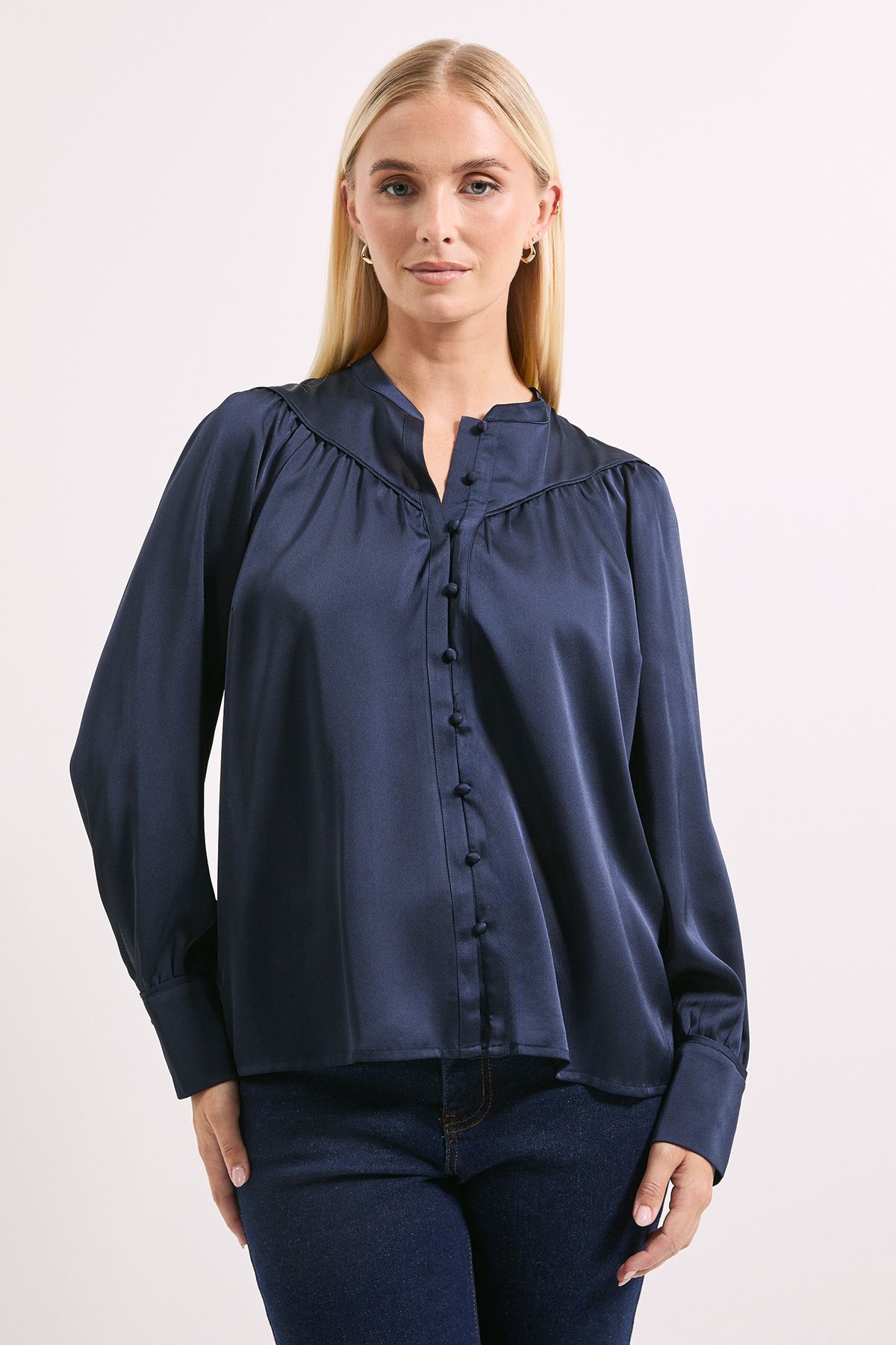 Principles Navy Hammered Satin Piped Detail Batwing Shirt Navy image 1
