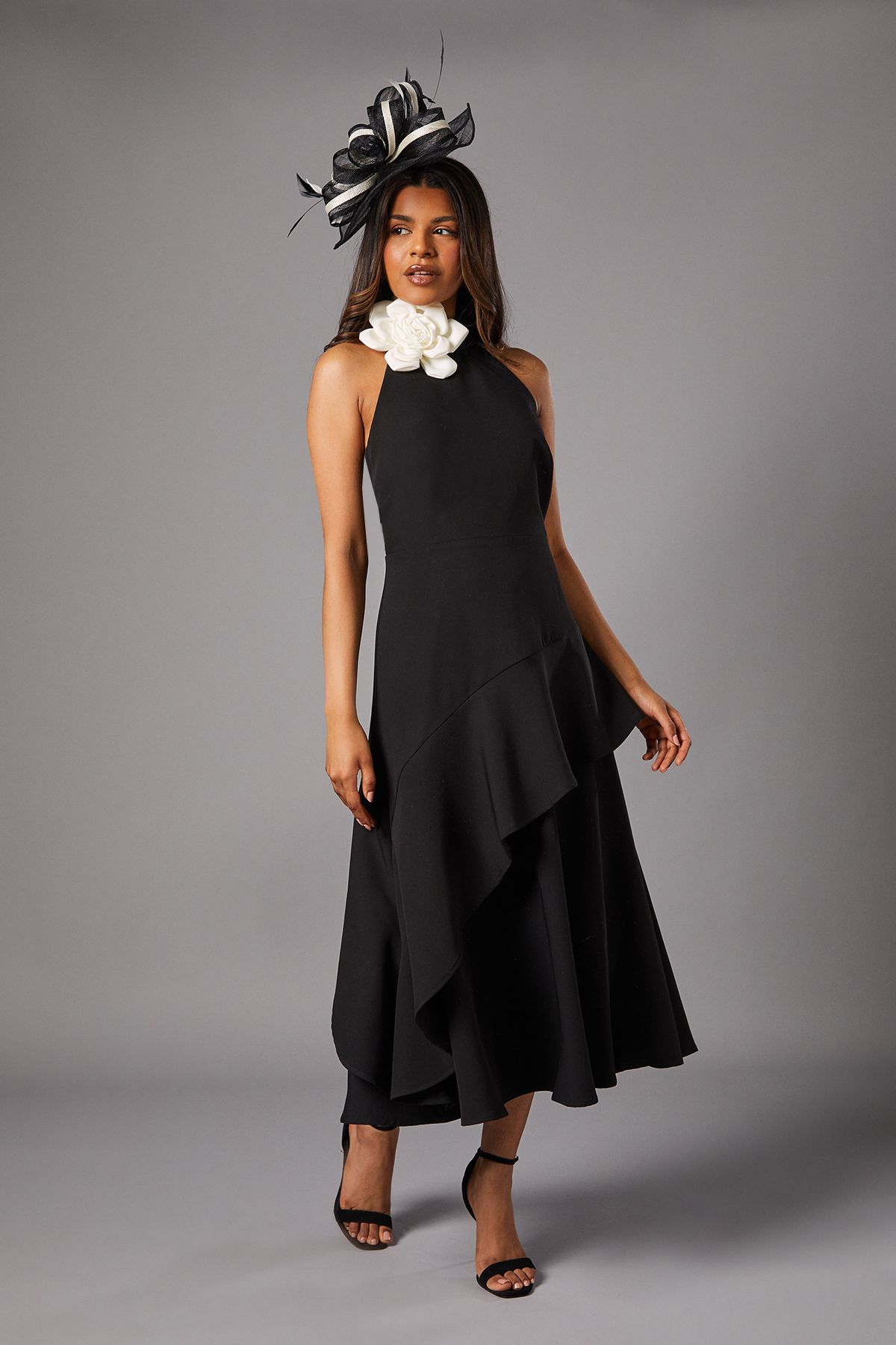 Coast Petite High Neck Corsage Detail Midi Dress Mono image 1