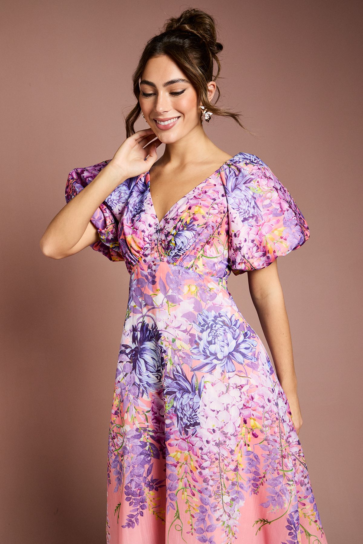 Coast Floral Print Organza Puff Sleeve Midi Dress Pink image 2
