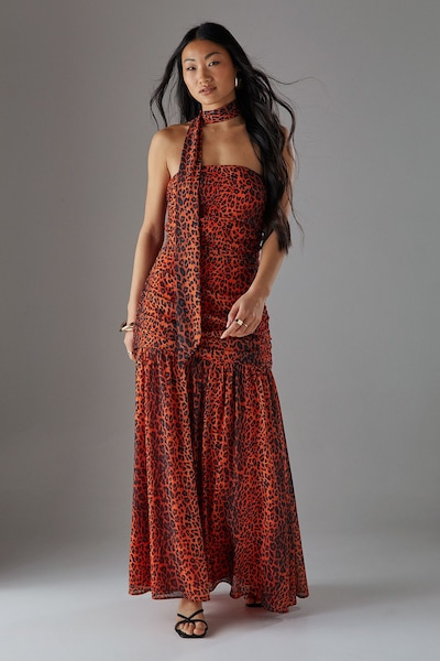 Warehouse Petite Chiffon Neck Tie Bandeau Ruched Maxi Dress Orange