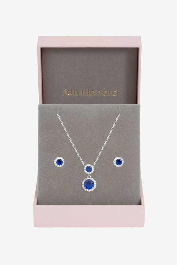 Jon Richard Rhodium Plated and Cubic Zirconia Double Halo Sapphire Drop Set - Gift Box