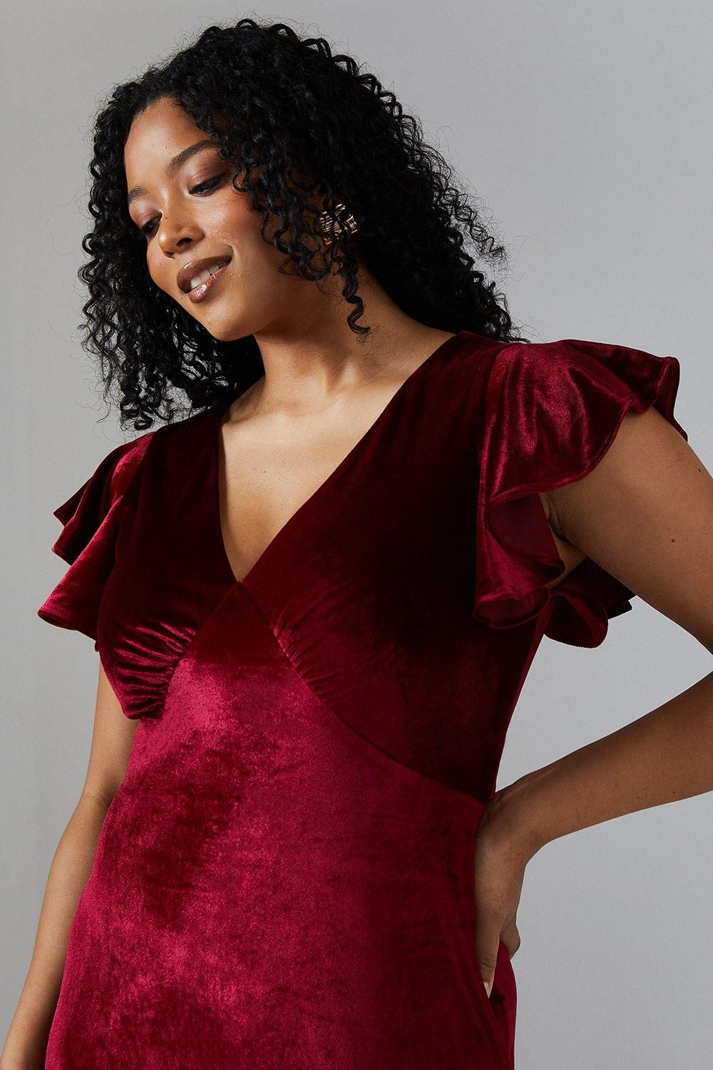 Coast V Neck Ruffle Sleeve Velvet Bridesmaid Dress Malbec image 5