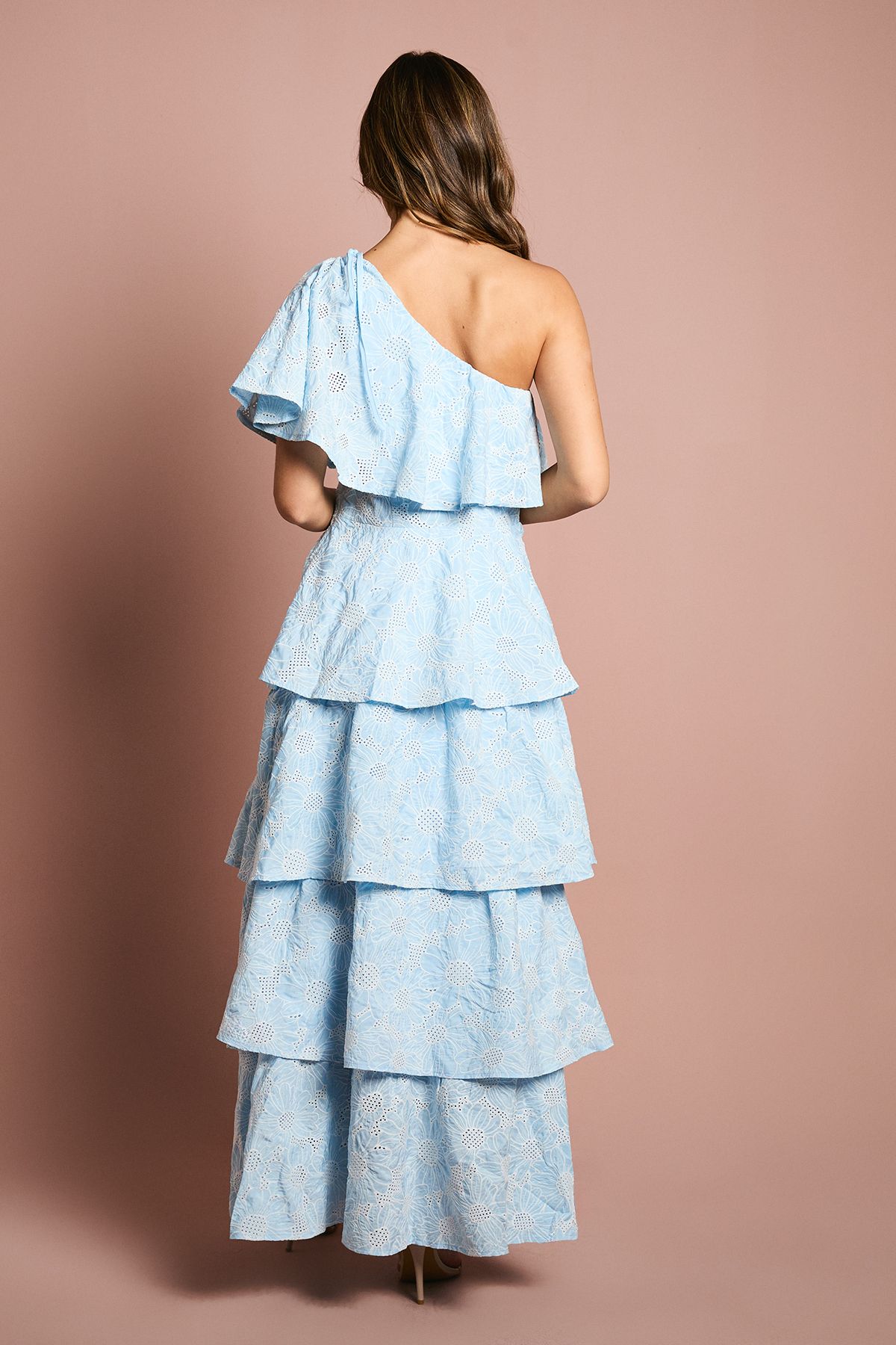 Coast One Shoulder Tiered Broderie Midi Dress Light Blue image 3