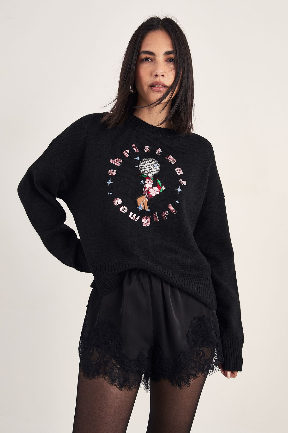 NastyGal Christmas Cowgirl Embroidered Knitted Jumper Black image 1
