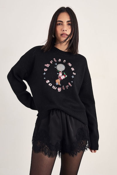 NastyGal Christmas Cowgirl Embroidered Knitted Jumper Black